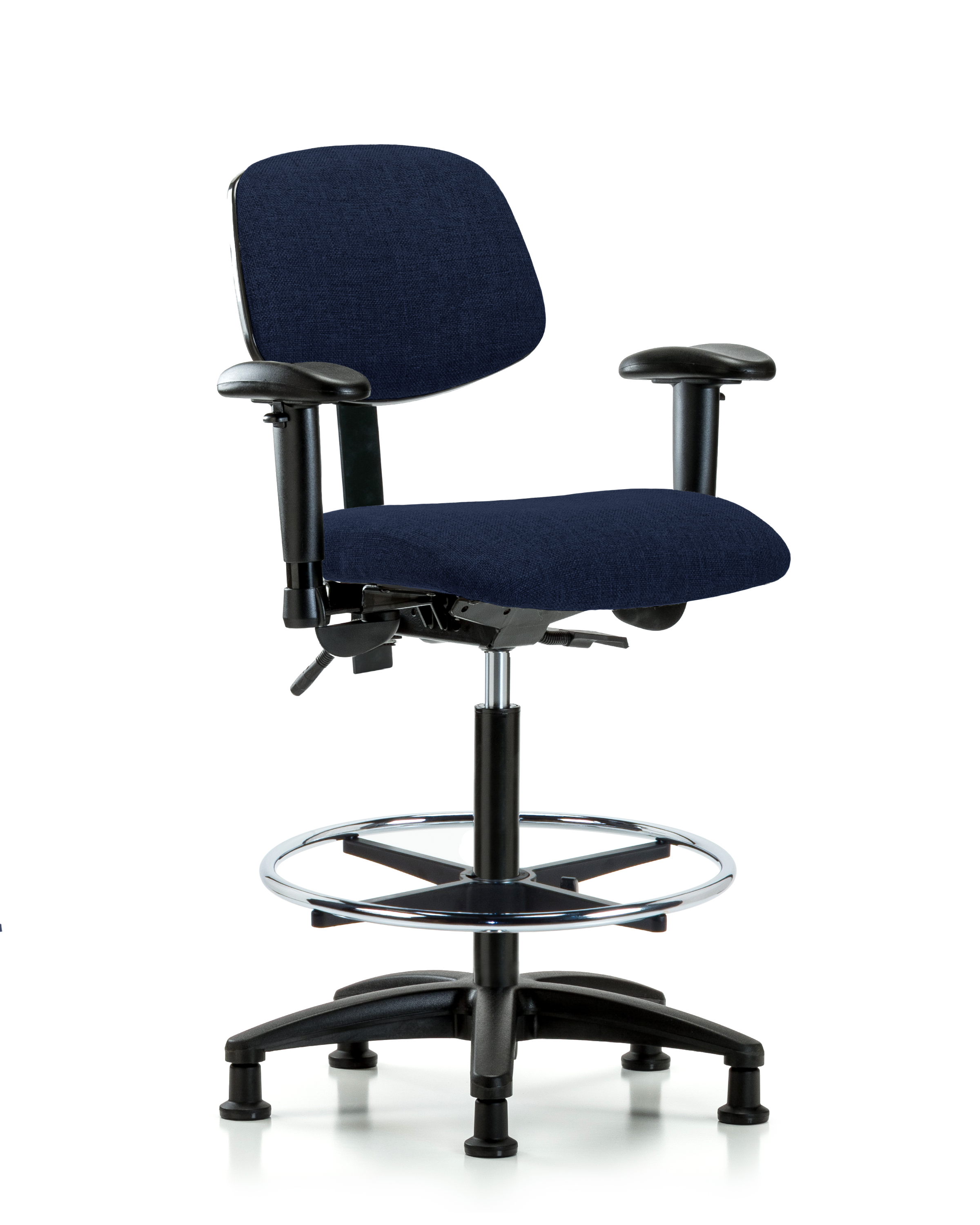 Rutledge Fabric Chair - High Bench Height with Seat Tilt, Adjustable Arms, Chrome Foot Ring, & Stationary Glides in Navy Fabric