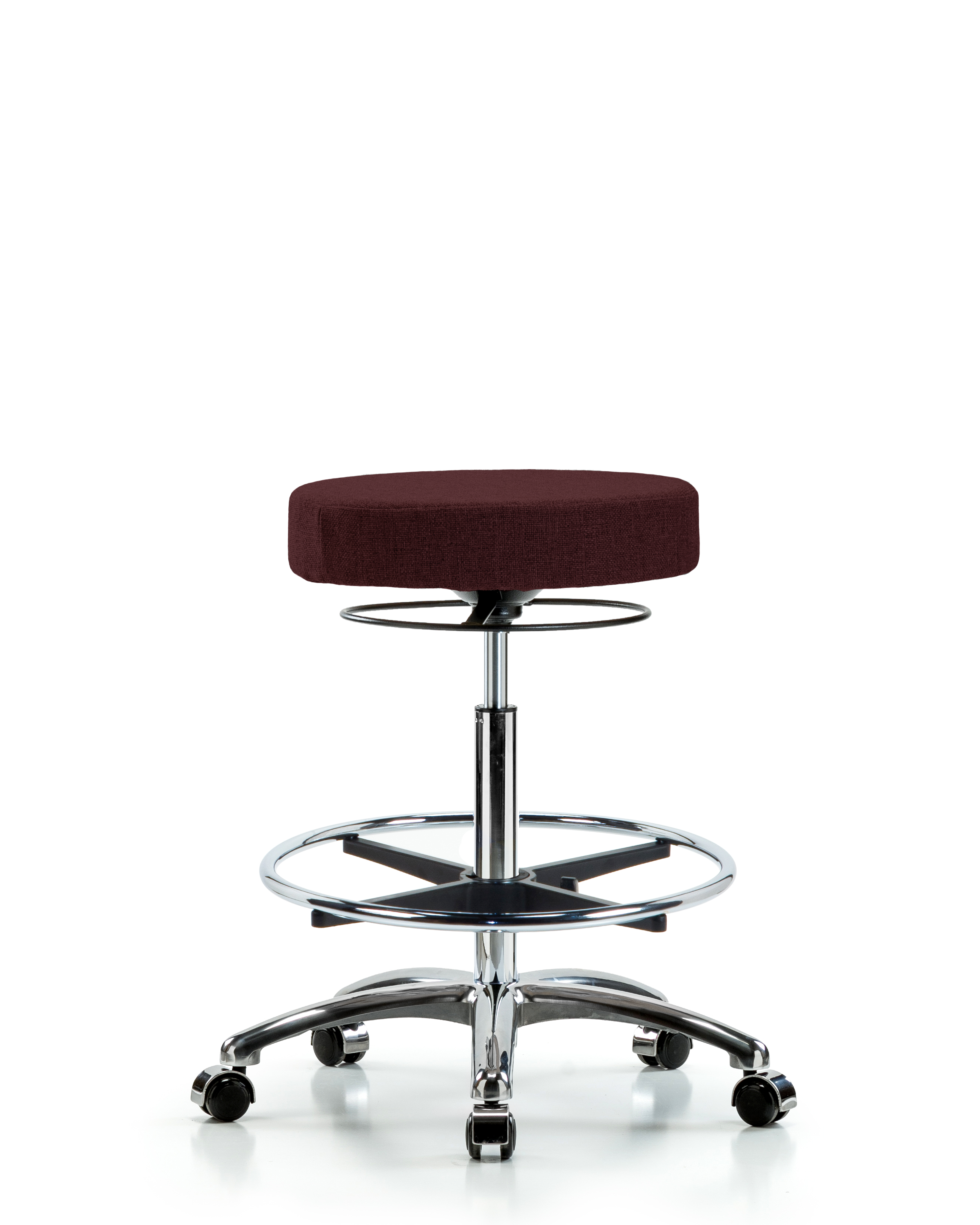 Rutledge Fabric Stool without Back Chrome - High Bench Height with Chrome Foot Ring & Casters in Burgundy Fabric