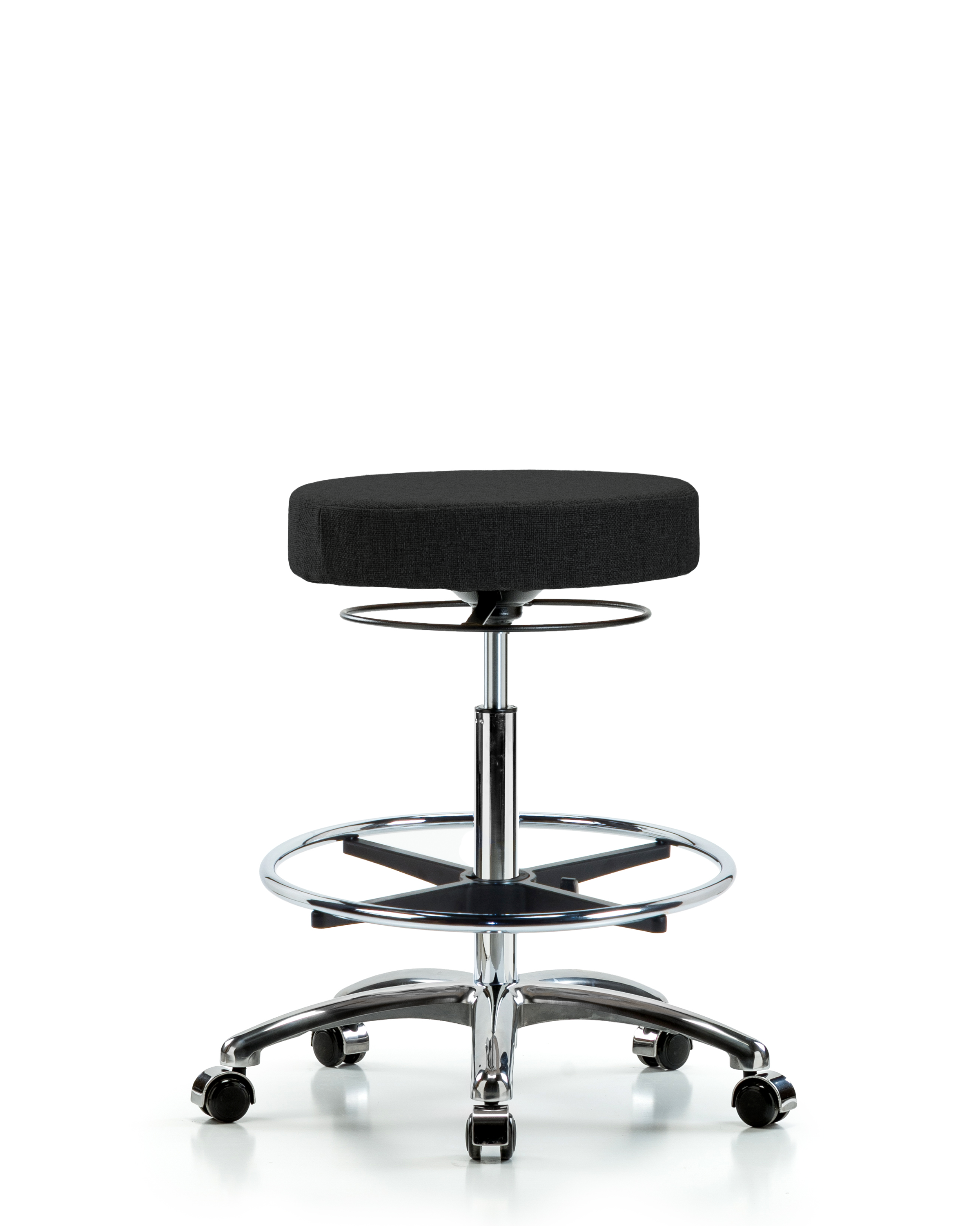 Rutledge Fabric Stool without Back Chrome - High Bench Height with Chrome Foot Ring & Casters in Black Fabric