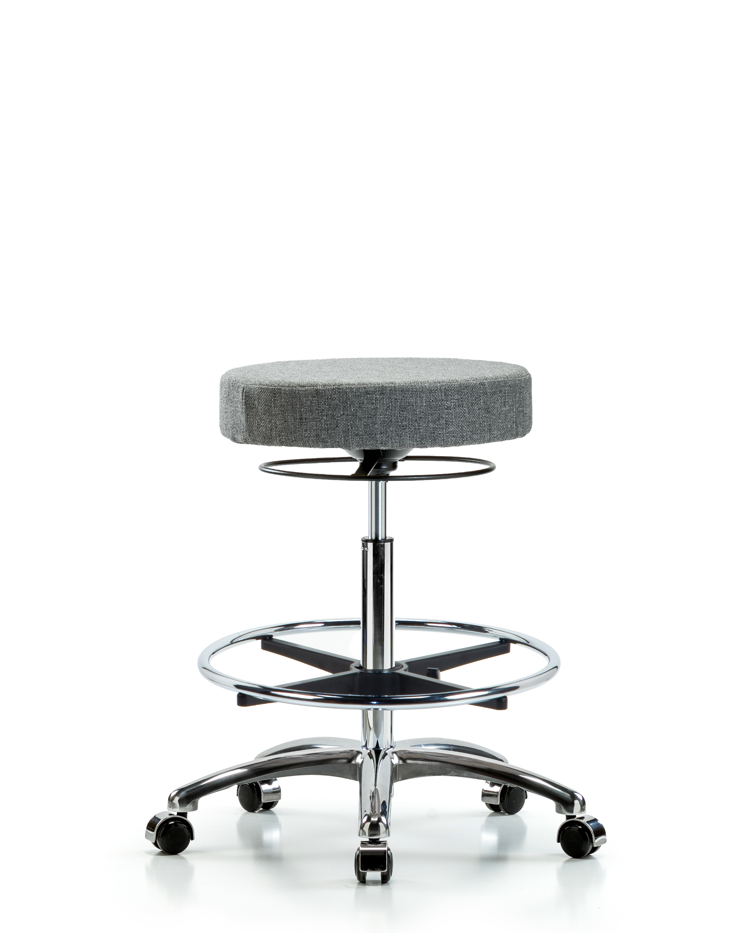 Rutledge Fabric Stool without Back Chrome - High Bench Height with Chrome Foot Ring & Casters in Gray Fabric