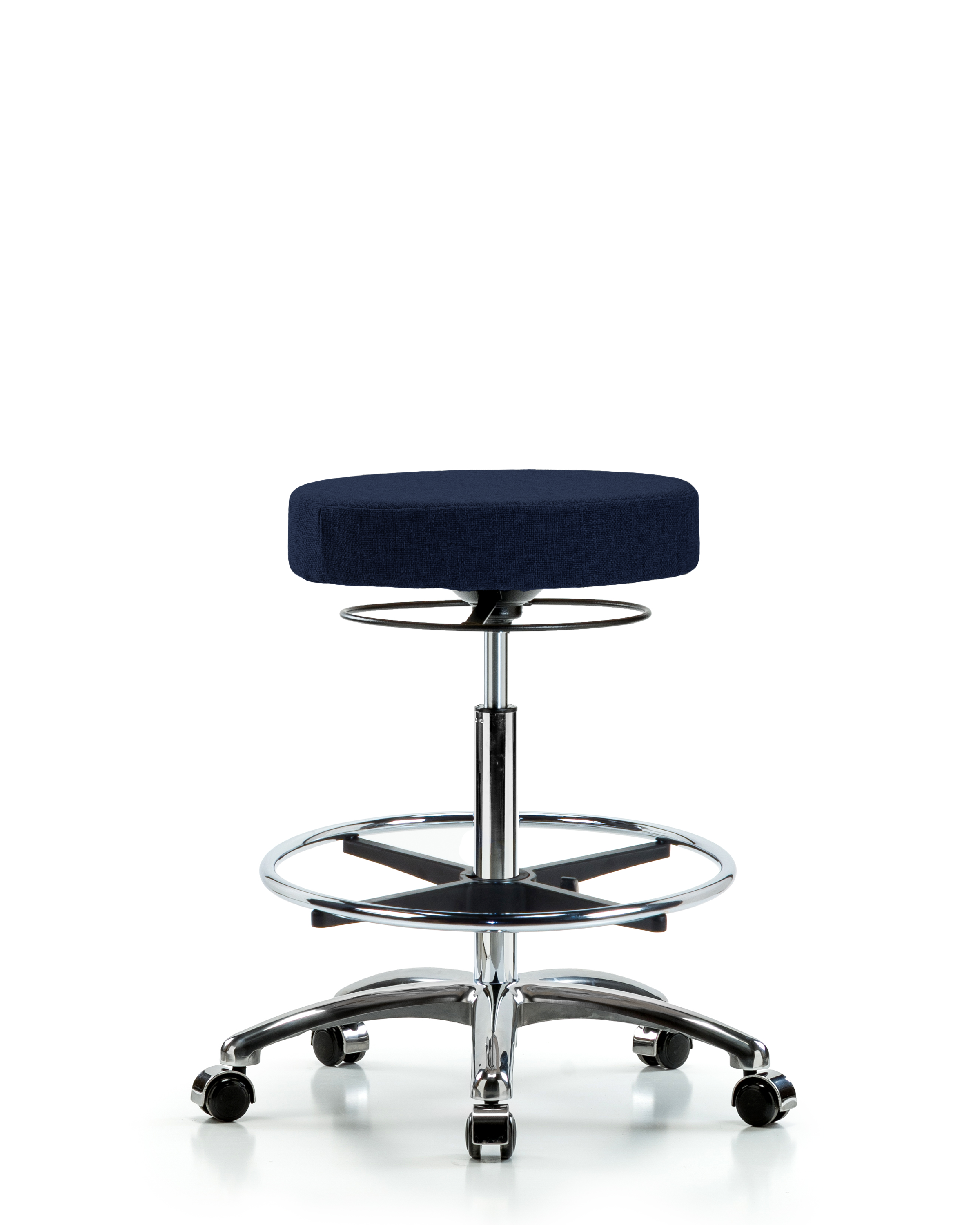 Rutledge Fabric Stool without Back Chrome - High Bench Height with Chrome Foot Ring & Casters in Navy Fabric