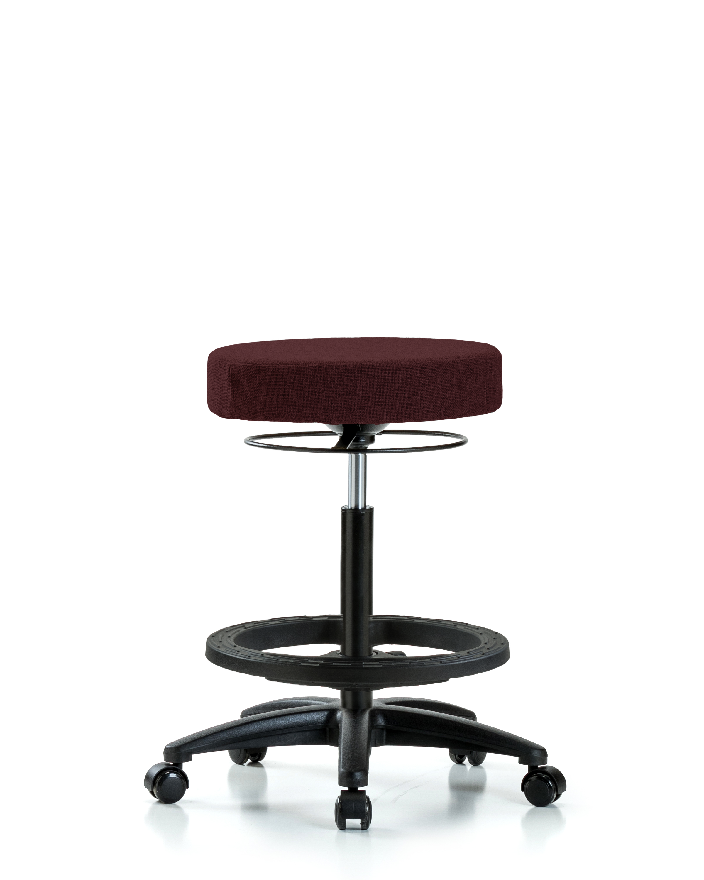 Rutledge Fabric Stool without Back - High Bench Height with Black Foot Ring & Casters in Burgundy Fabric