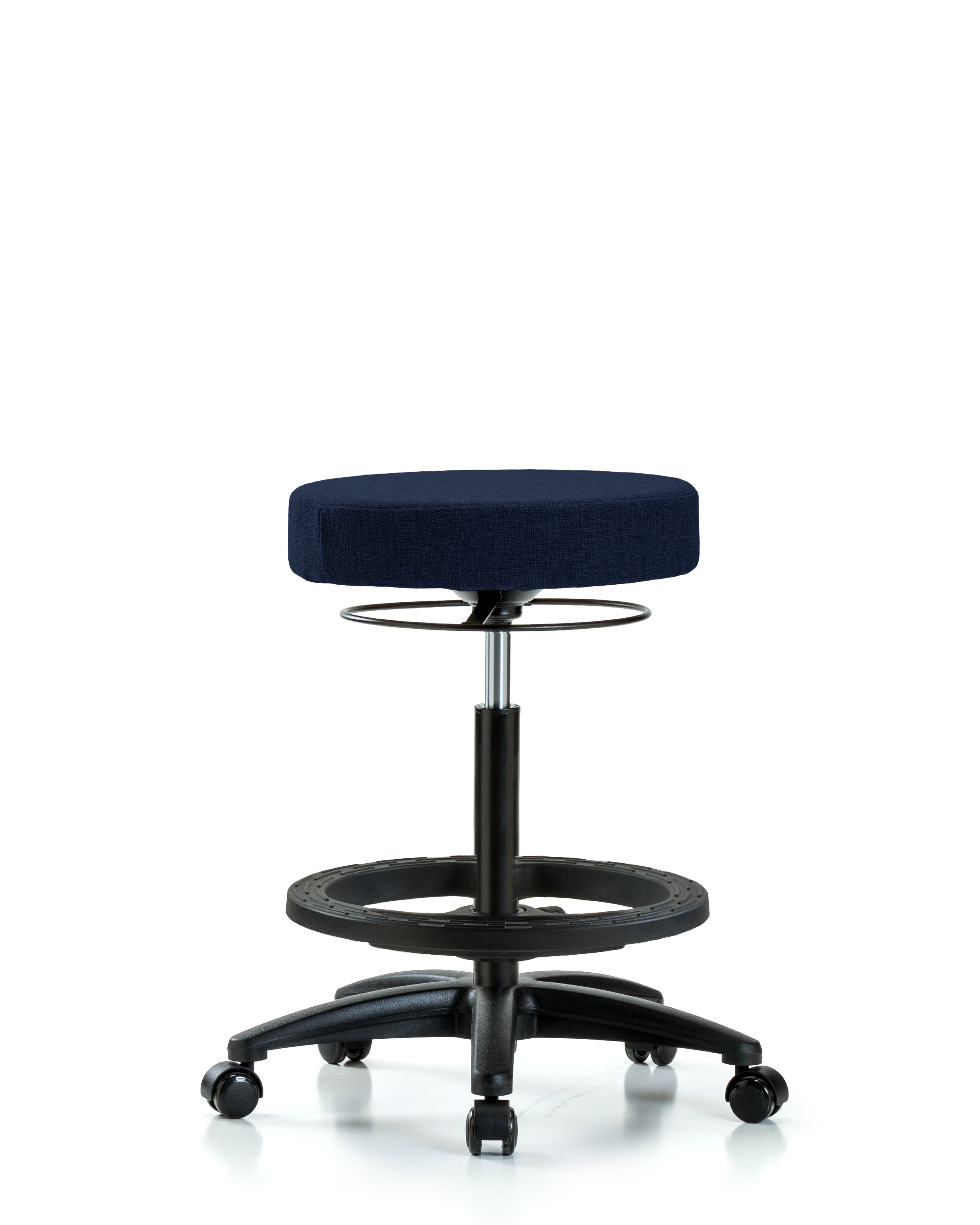 Rutledge Fabric Stool without Back - High Bench Height with Black Foot Ring & Casters in Navy Fabric