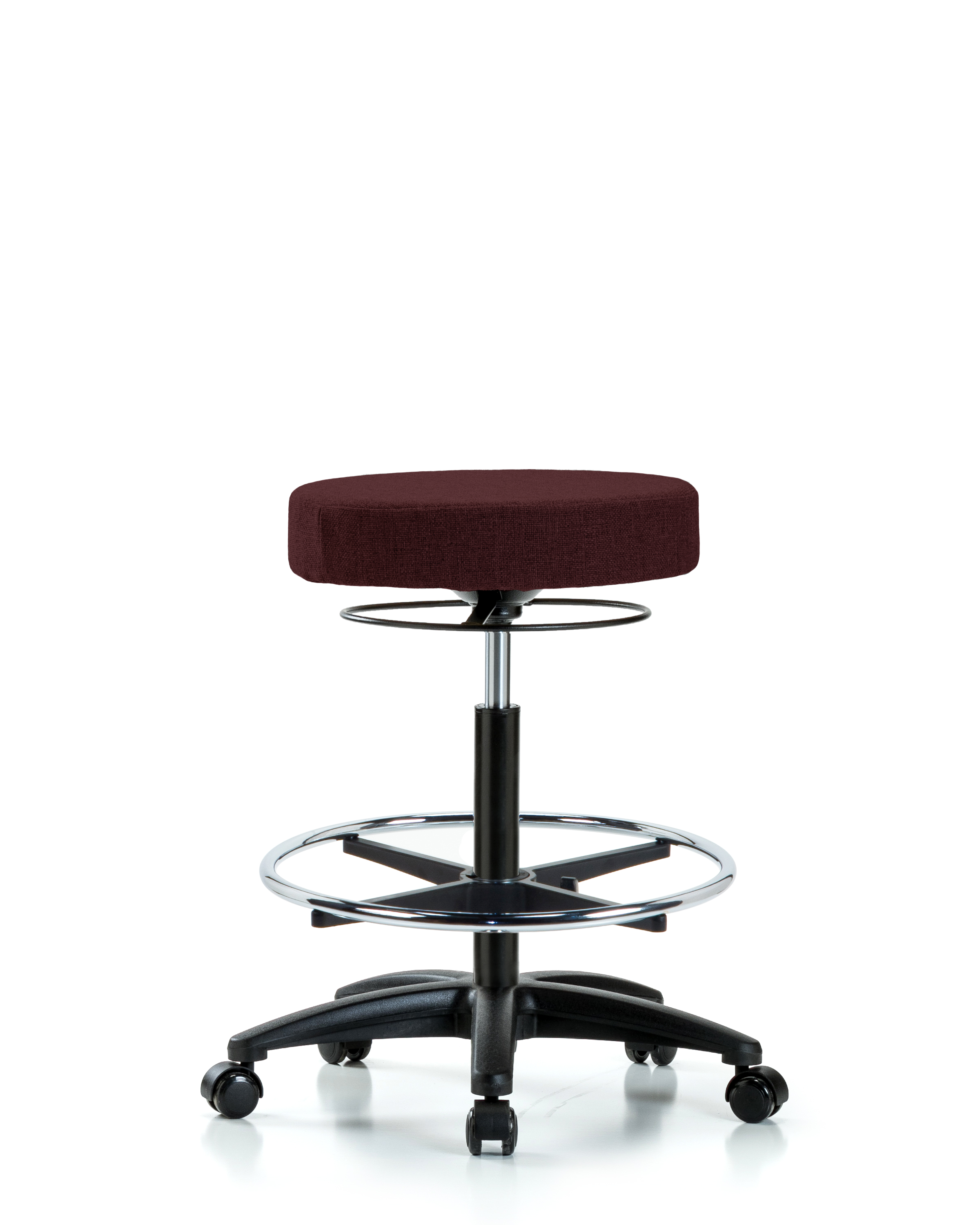 Rutledge Fabric Stool without Back - High Bench Height with Chrome Foot Ring & Casters in Burgundy Fabric