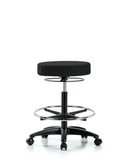 Rutledge Fabric Stool without Back - High Bench Height with Chrome Foot Ring & Casters in Black Fabric