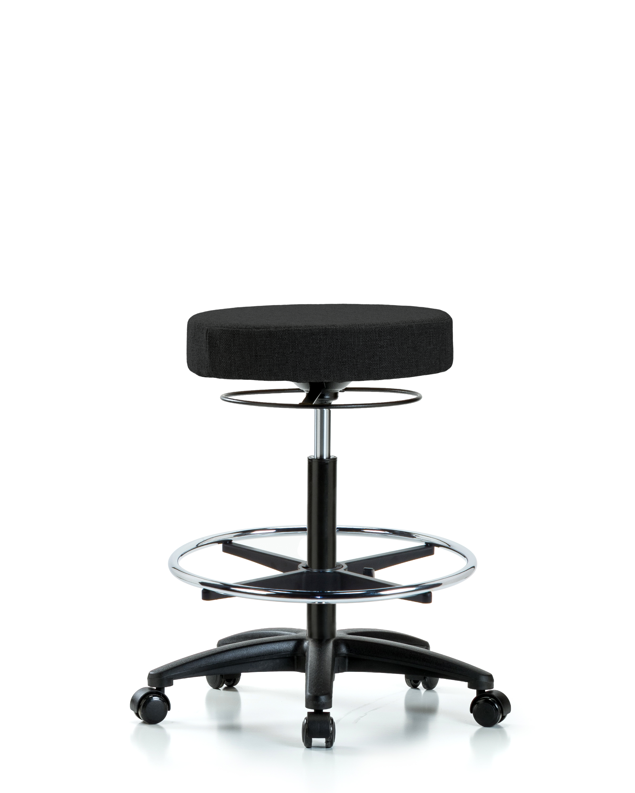 Rutledge Fabric Stool without Back - High Bench Height with Chrome Foot Ring & Casters in Black Fabric