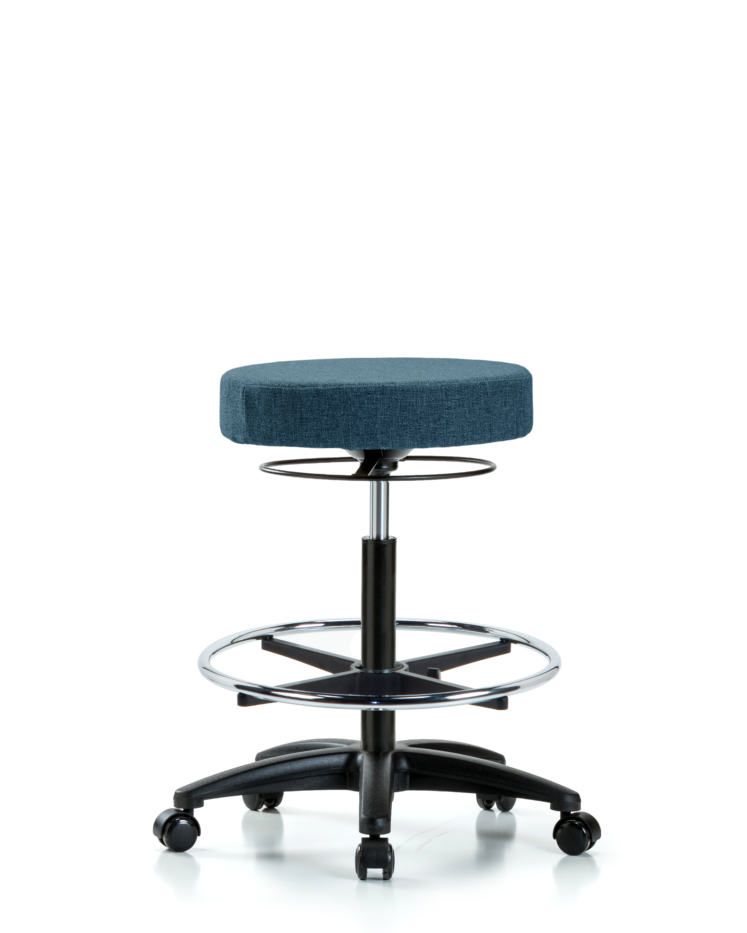 Rutledge Fabric Stool without Back - High Bench Height with Chrome Foot Ring & Casters in Blue Fabric