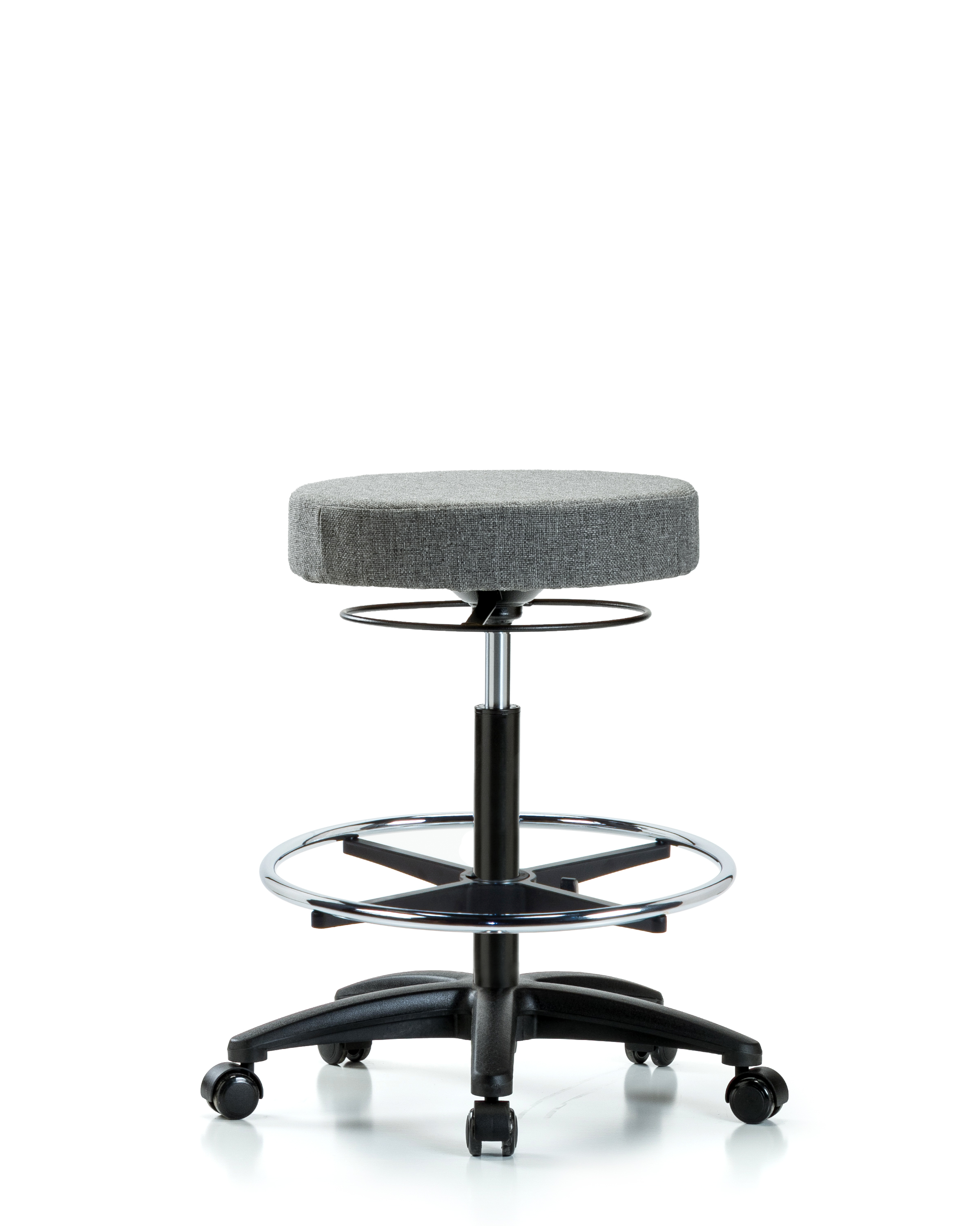 Rutledge Fabric Stool without Back - High Bench Height with Chrome Foot Ring & Casters in Gray Fabric