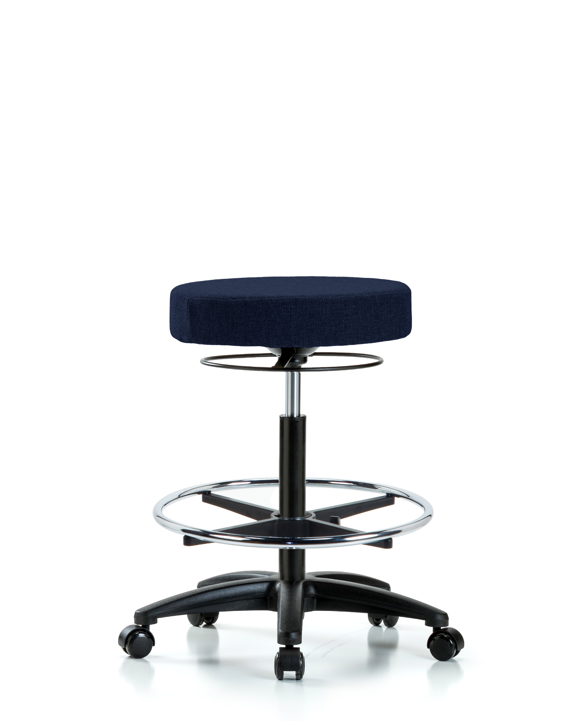 Rutledge Fabric Stool without Back - High Bench Height with Chrome Foot Ring & Casters in Navy Fabric