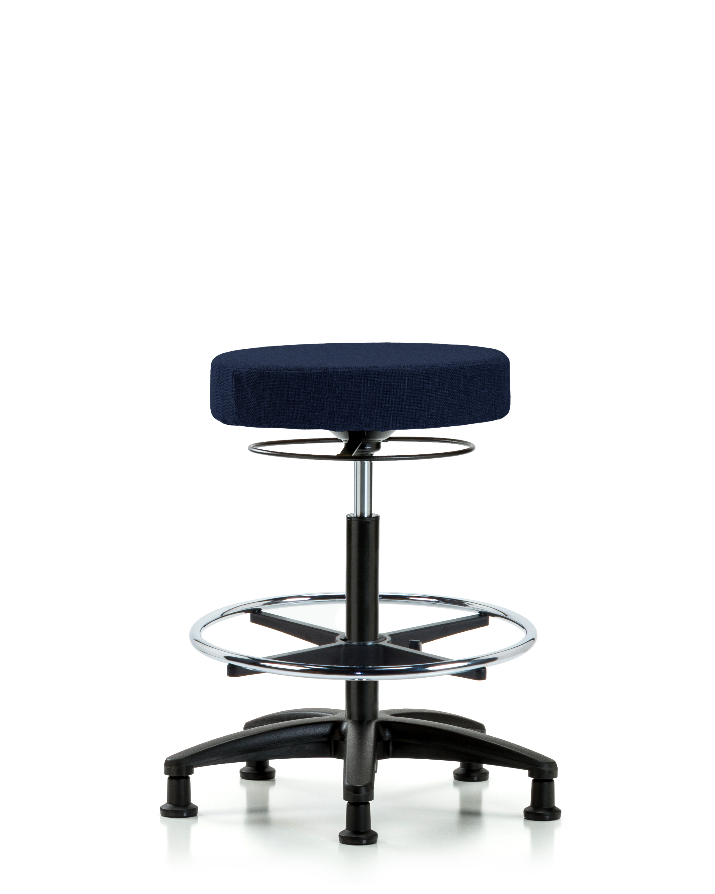 Rutledge Fabric Stool without Back - High Bench Height with Chrome Foot Ring & Stationary Glides in Navy Fabric