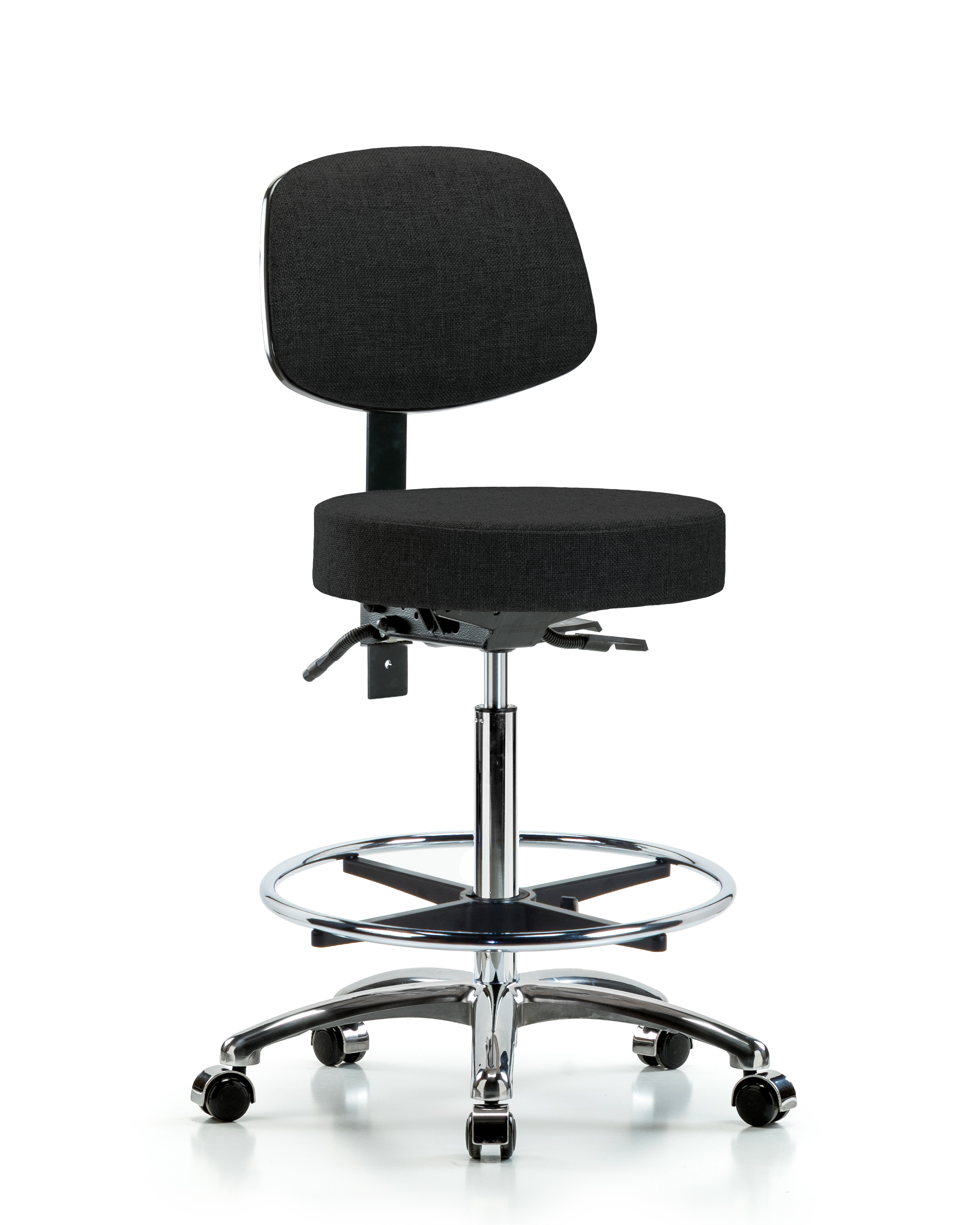 Rutledge Fabric Stool with Back Chrome - High Bench Height with Chrome Foot Ring & Casters in Black Fabric