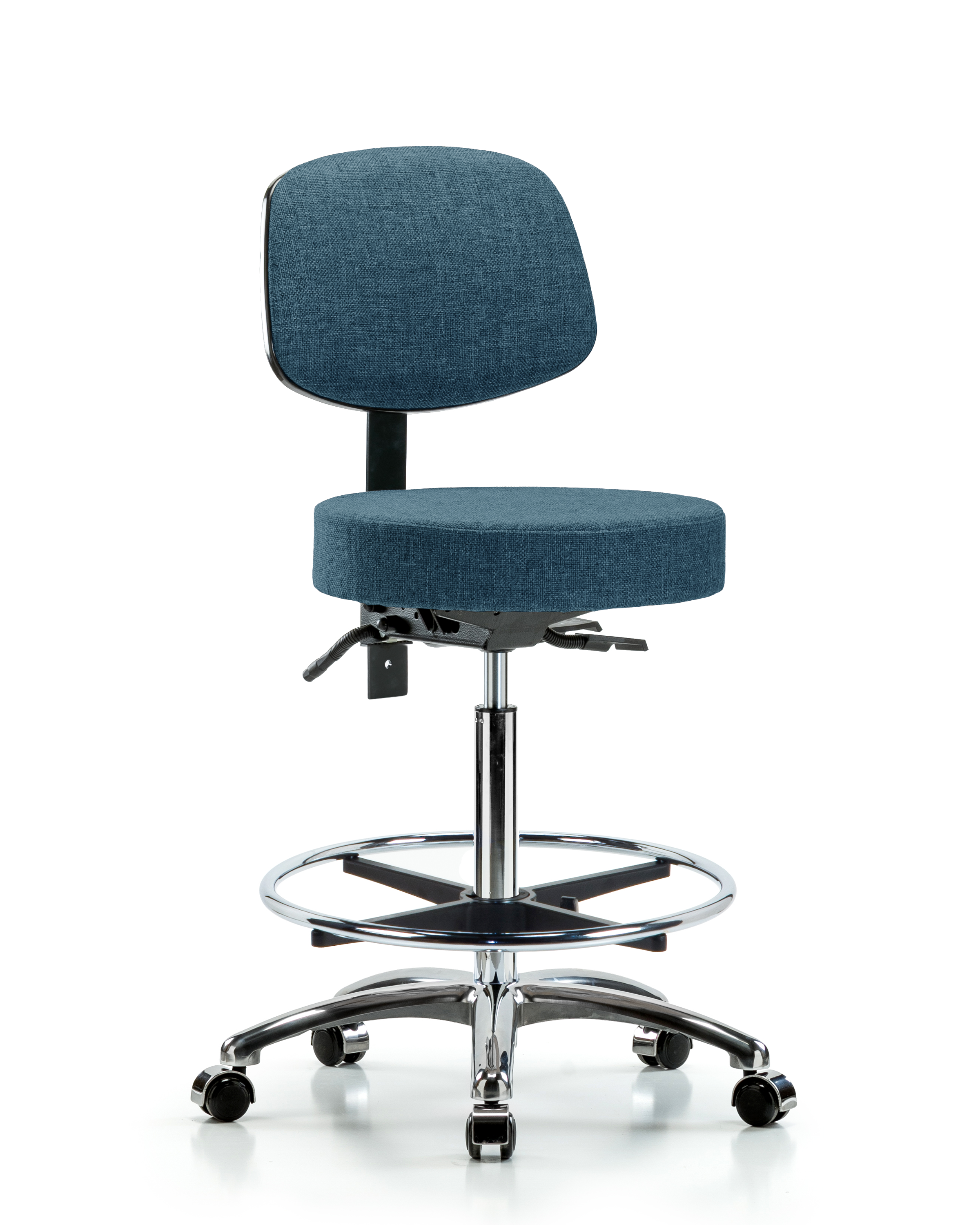Rutledge Fabric Stool with Back Chrome - High Bench Height with Chrome Foot Ring & Casters in Blue Fabric