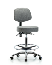 Rutledge Fabric Stool with Back Chrome - High Bench Height with Chrome Foot Ring & Casters in Gray Fabric