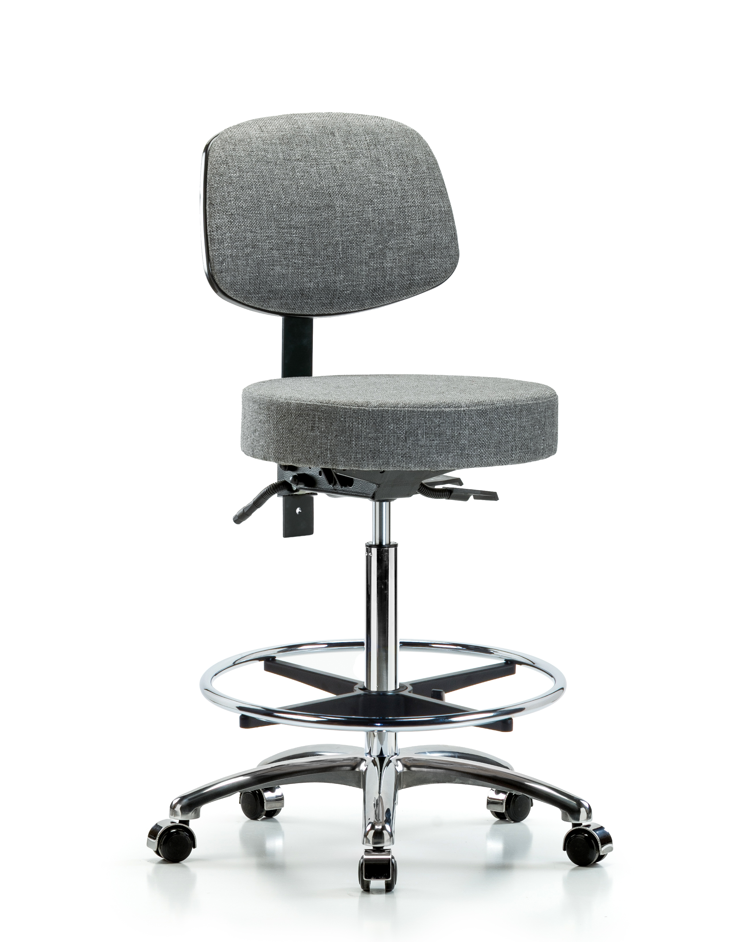 Rutledge Fabric Stool with Back Chrome - High Bench Height with Chrome Foot Ring & Casters in Gray Fabric