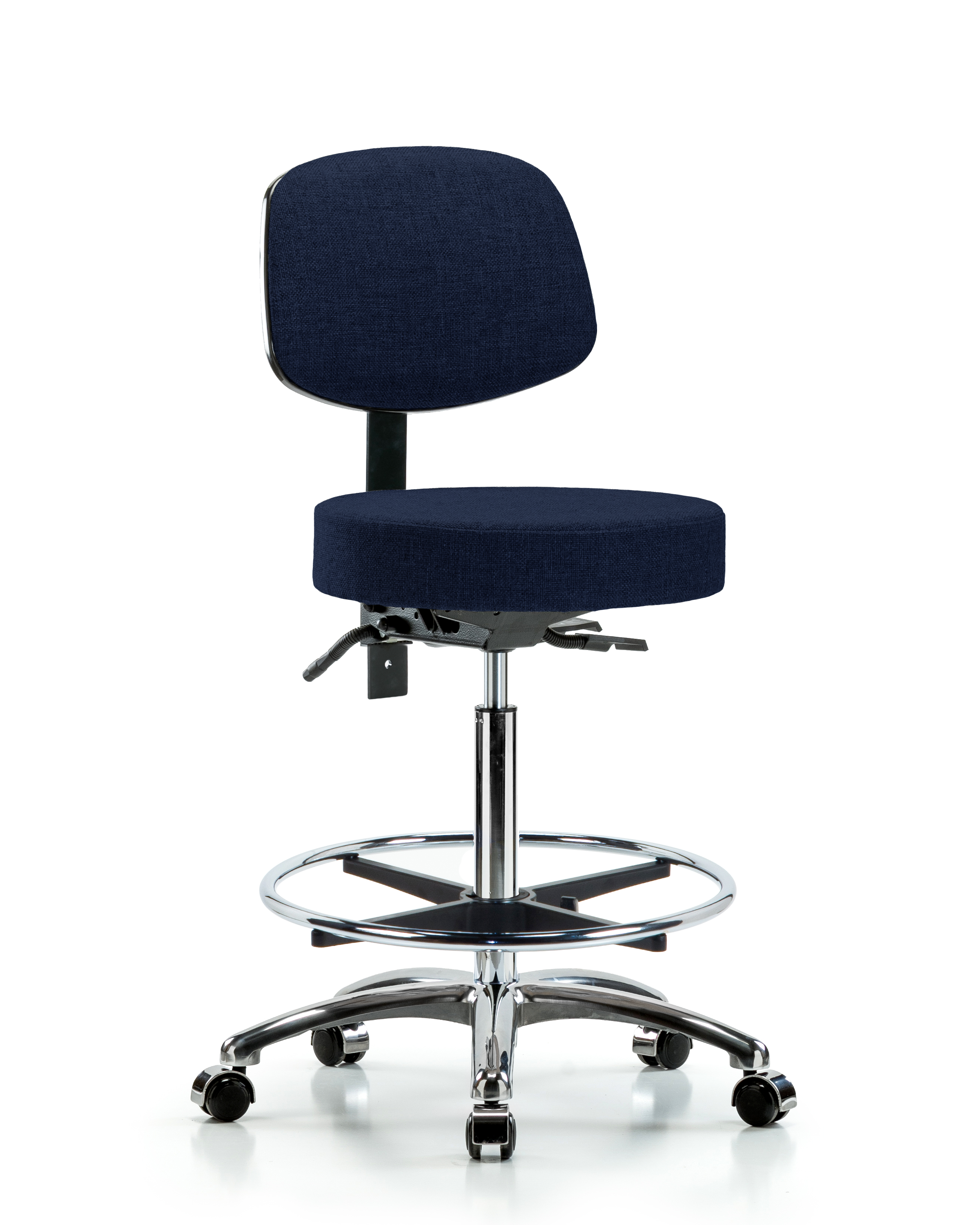 Rutledge Fabric Stool with Back Chrome - High Bench Height with Chrome Foot Ring & Casters in Navy Fabric