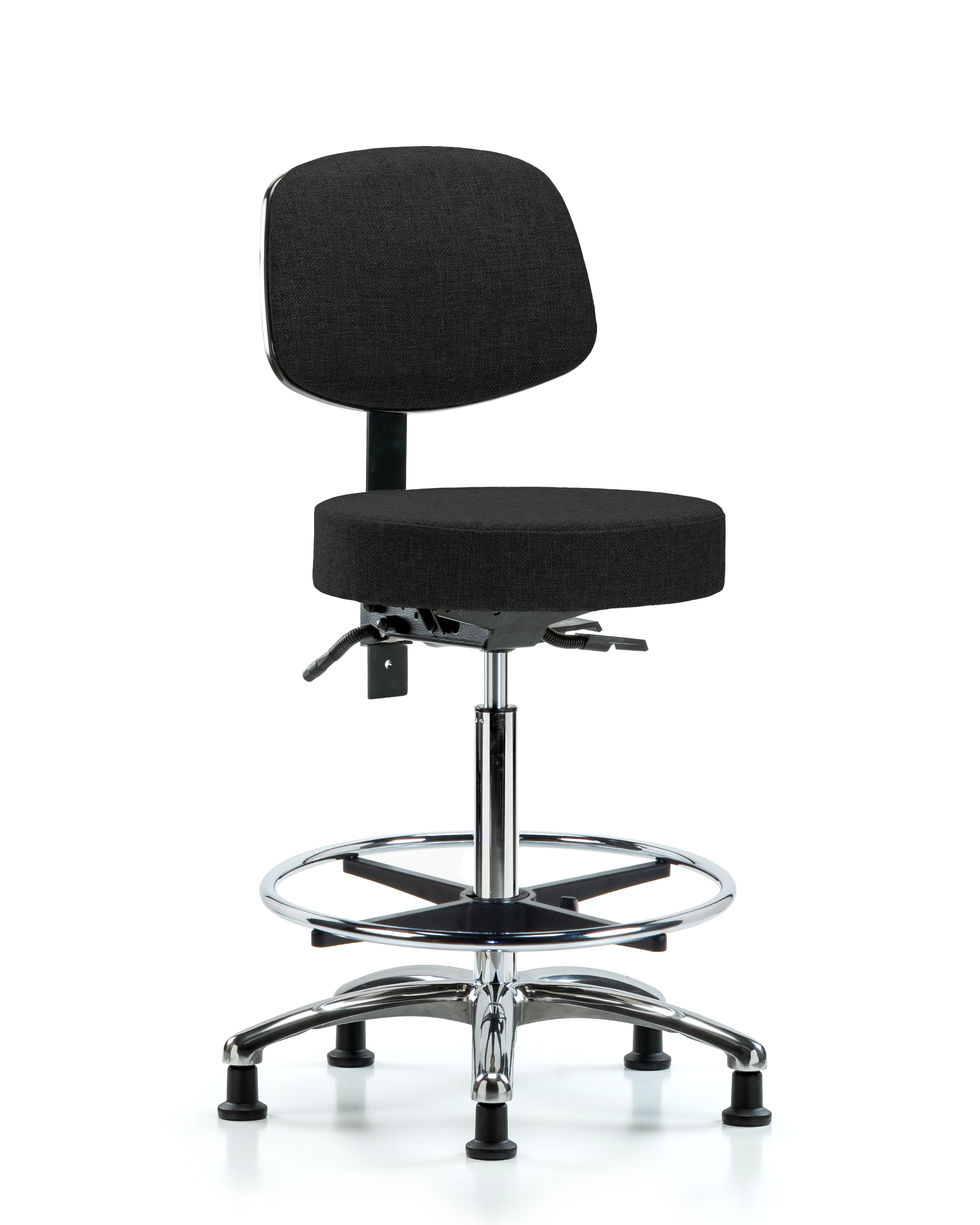 Rutledge Fabric Stool with Back Chrome - High Bench Height with Chrome Foot Ring & Stationary Glides in Black Fabric