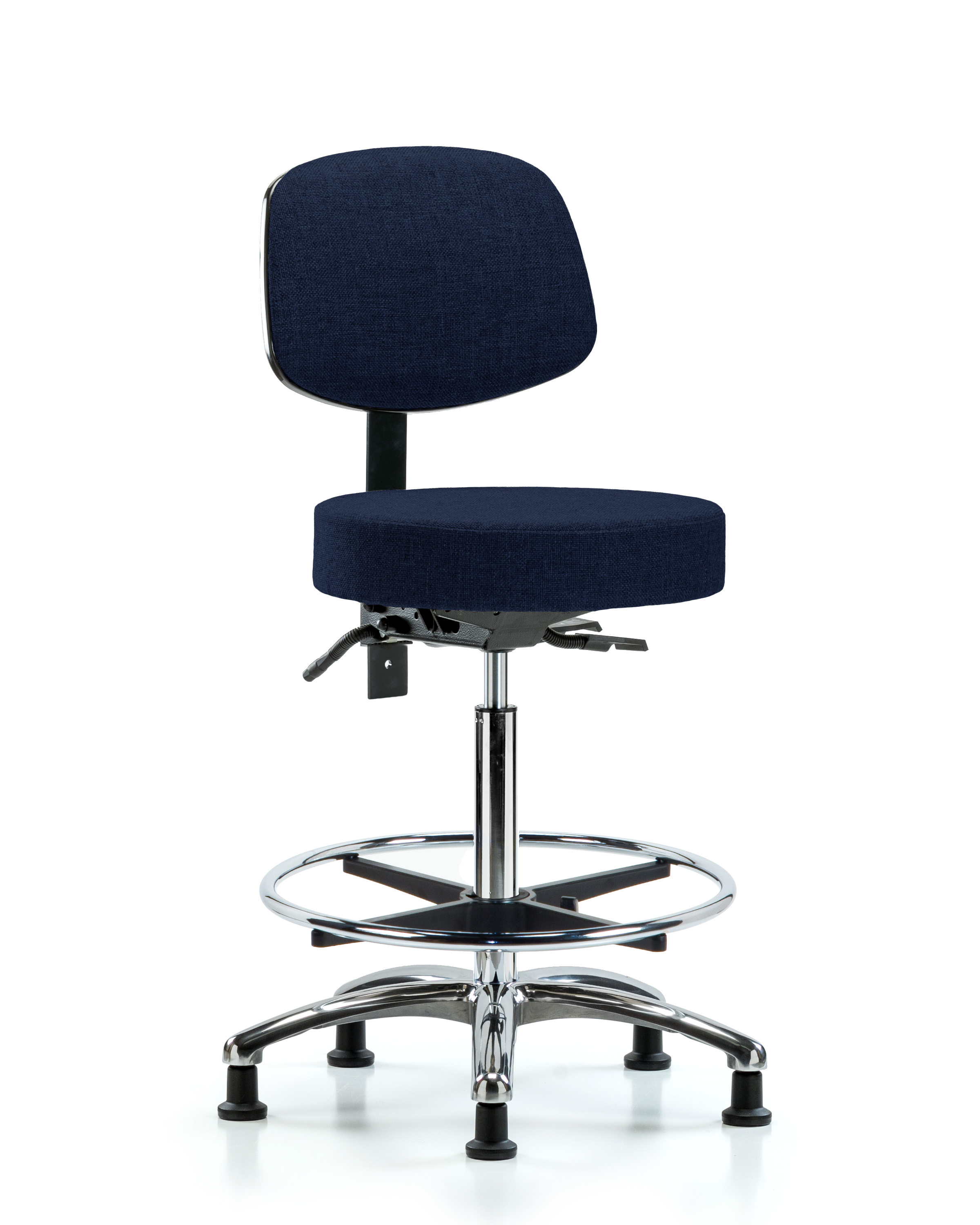 Rutledge Fabric Stool with Back Chrome - High Bench Height with Chrome Foot Ring & Stationary Glides in Navy Fabric
