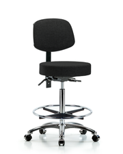 Rutledge Fabric Stool with Back Chrome - High Bench Height with Seat Tilt, Chrome Foot Ring, & Casters in Black Fabric