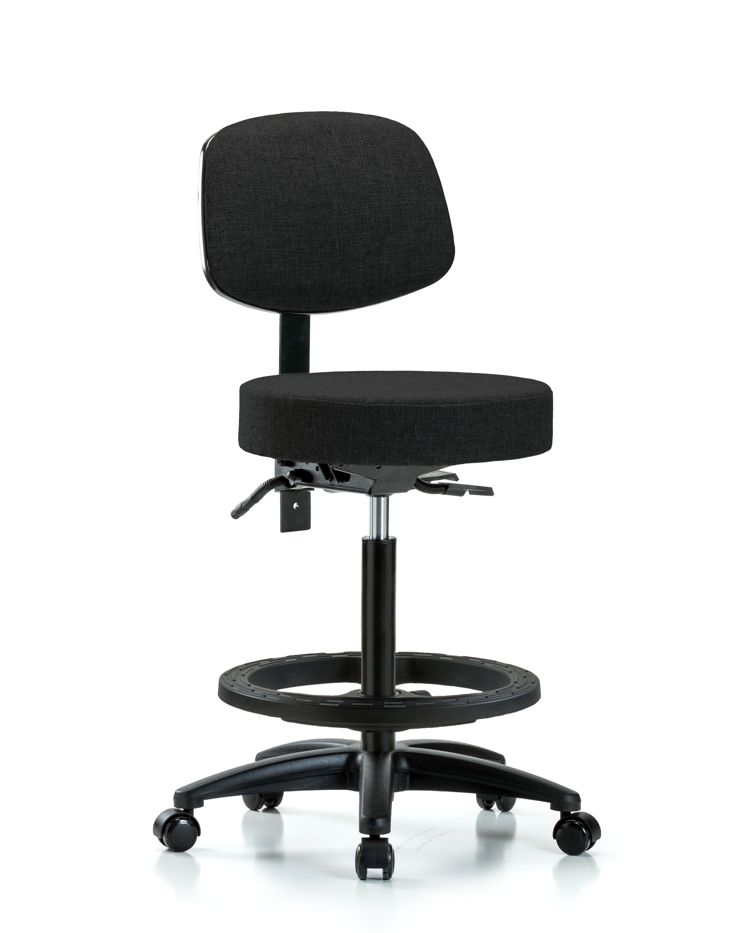 Rutledge Fabric Stool with Back - High Bench Height with Black Foot Ring & Casters in Black Fabric
