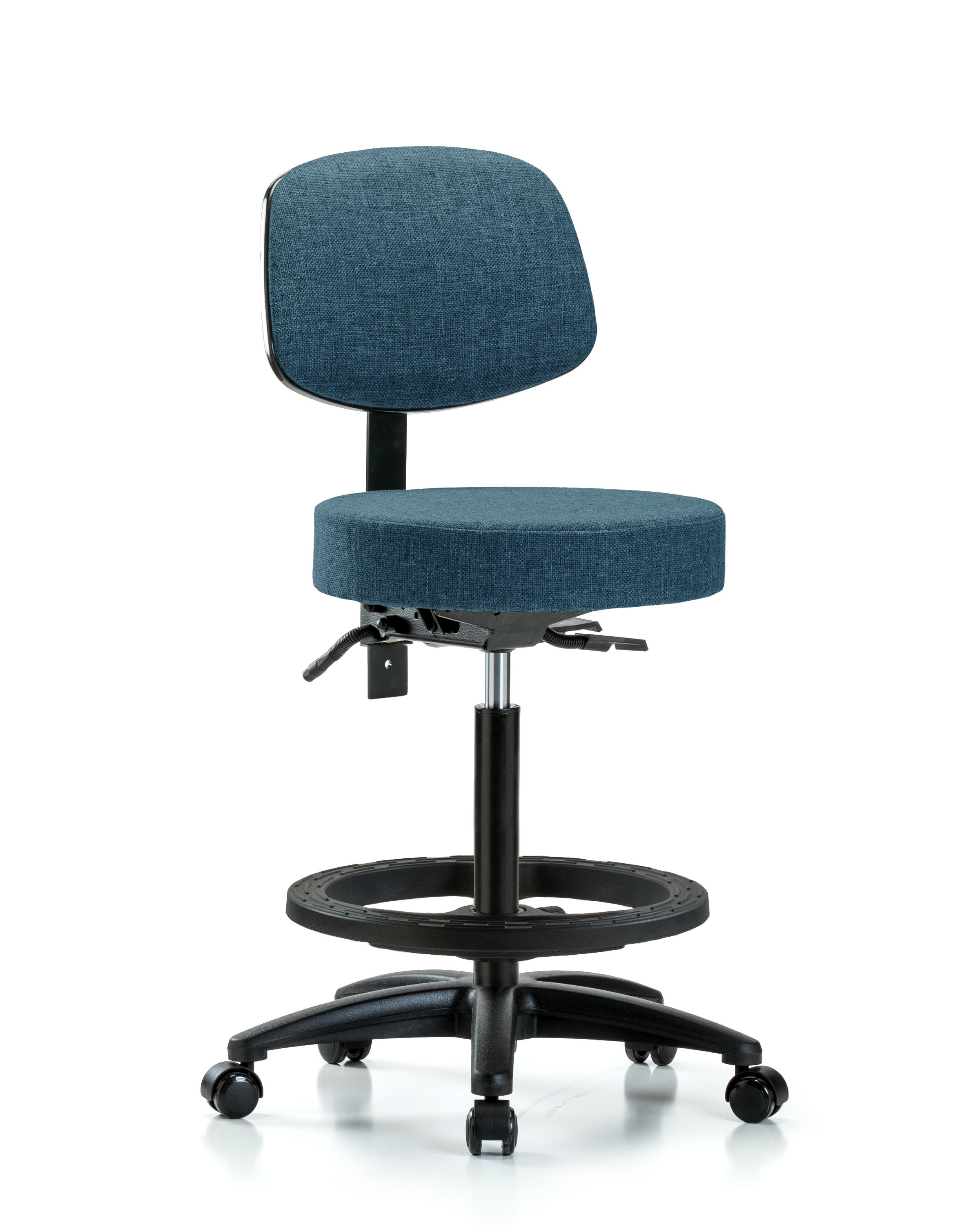 Rutledge Fabric Stool with Back - High Bench Height with Black Foot Ring & Casters in Blue Fabric