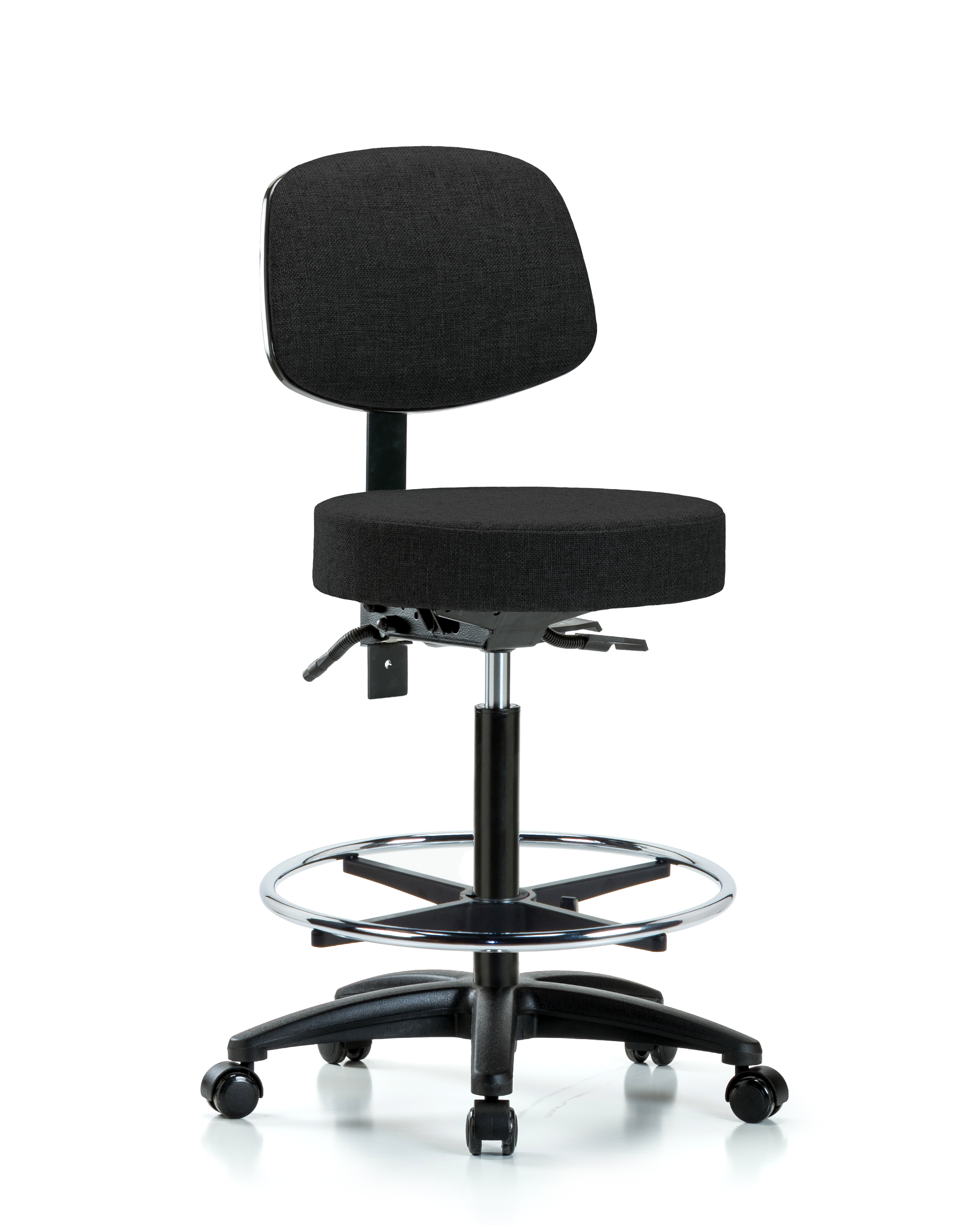 Rutledge Fabric Stool with Back - High Bench Height with Chrome Foot Ring & Casters in Black Fabric