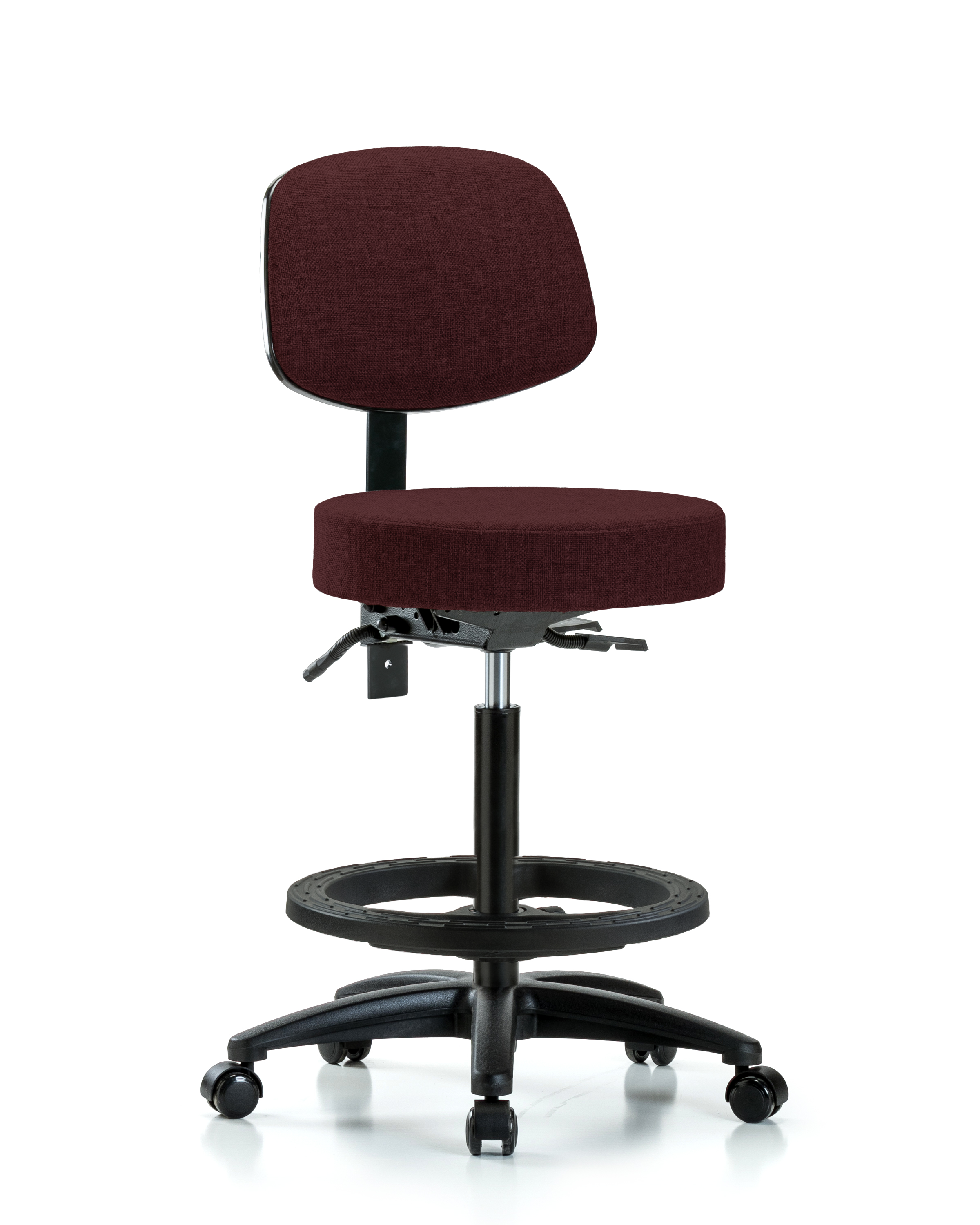 Rutledge Fabric Stool with Back - High Bench Height with Seat Tilt, Black Foot Ring, & Casters in Burgundy Fabric