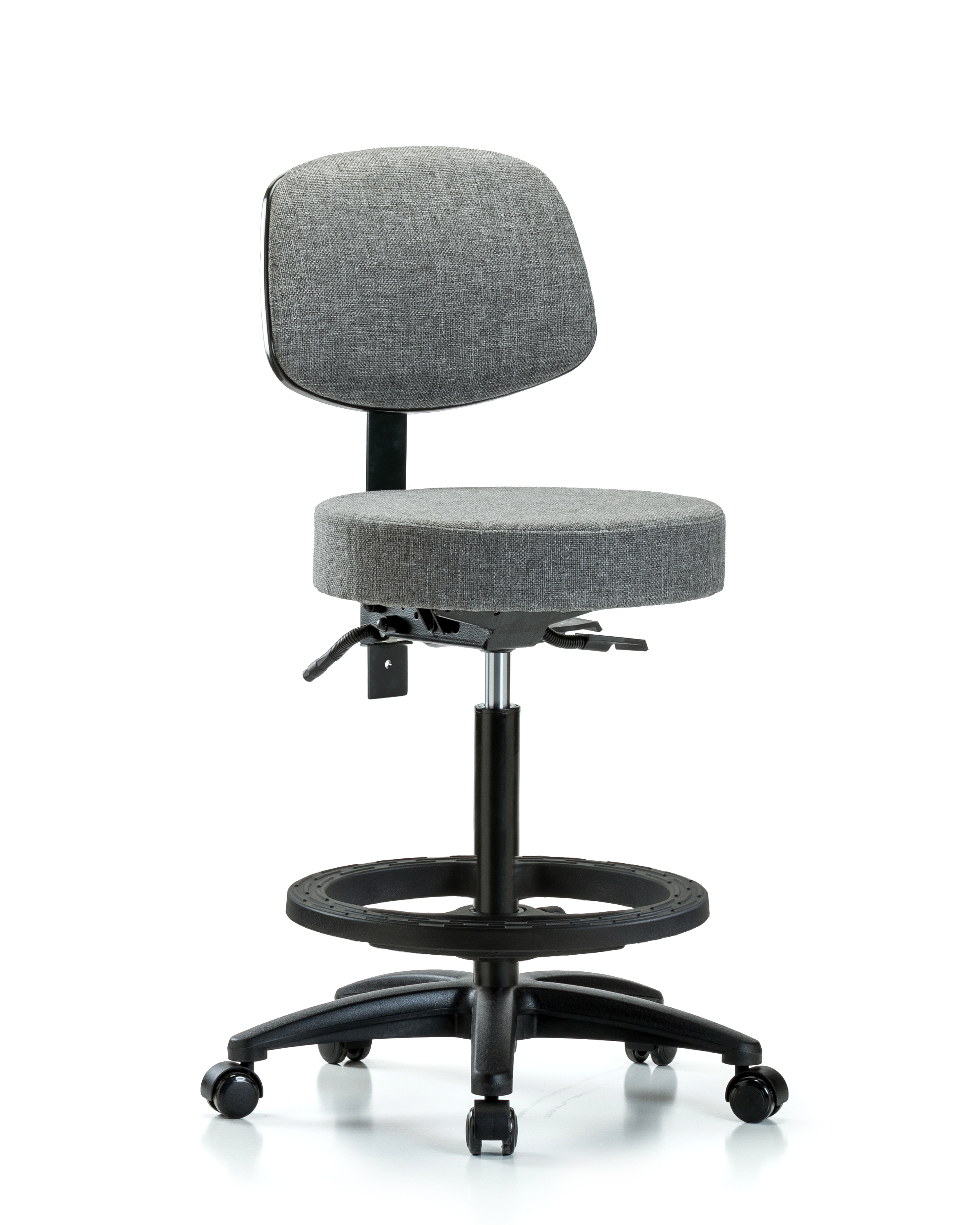 Rutledge Fabric Stool with Back - High Bench Height with Seat Tilt, Black Foot Ring, & Casters in Gray Fabric