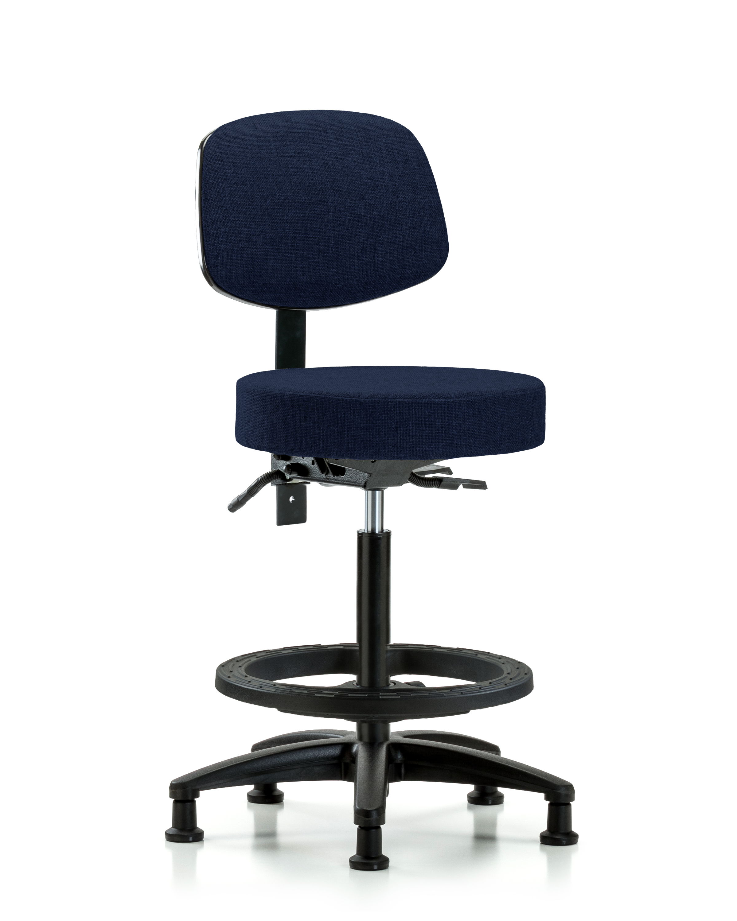 Rutledge Fabric Stool with Back - High Bench Height with Seat Tilt, Black Foot Ring, & Stationary Glides in Navy Fabric
