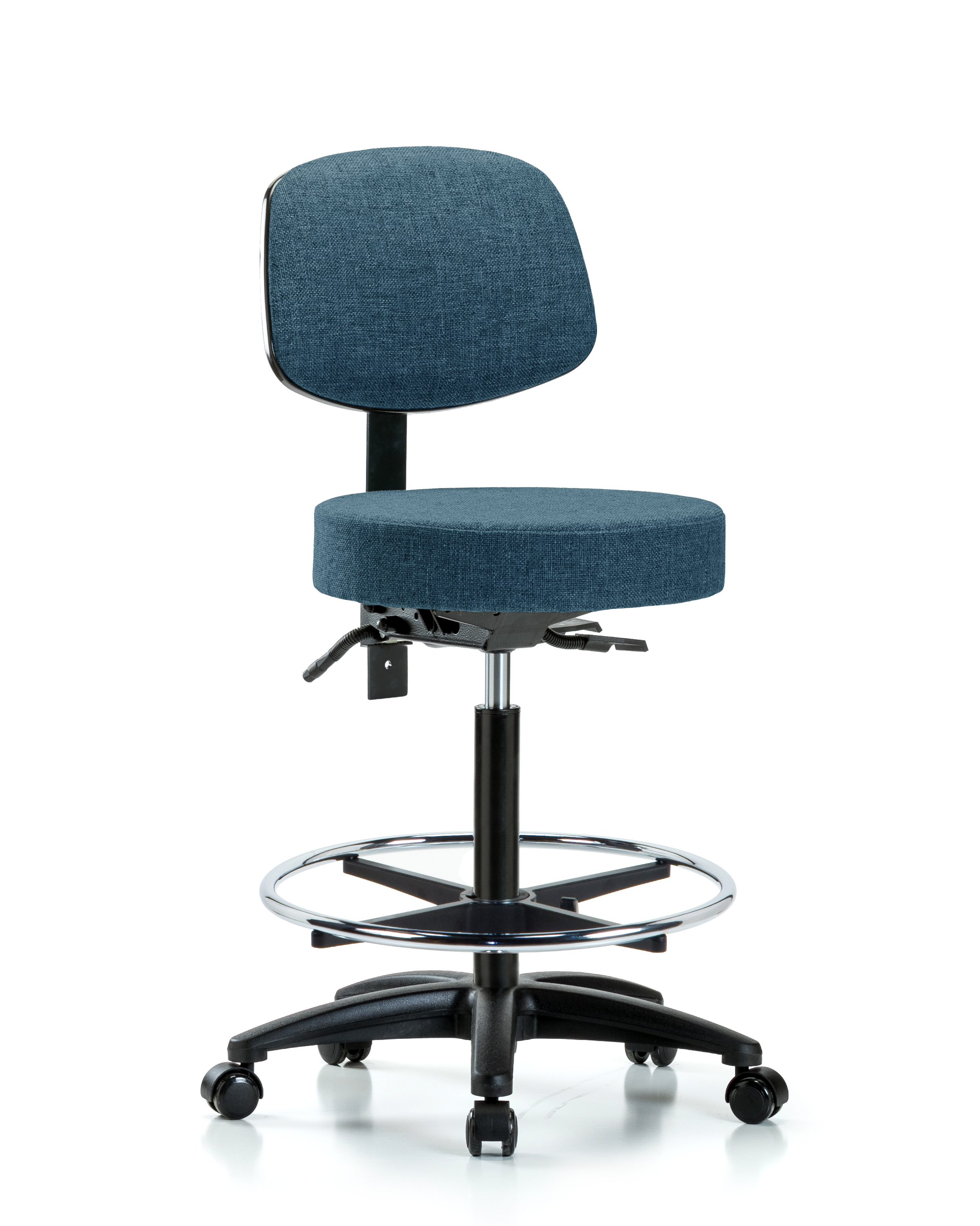 Rutledge Fabric Stool with Back - High Bench Height with Seat Tilt, Chrome Foot Ring, & Casters in Blue Fabric
