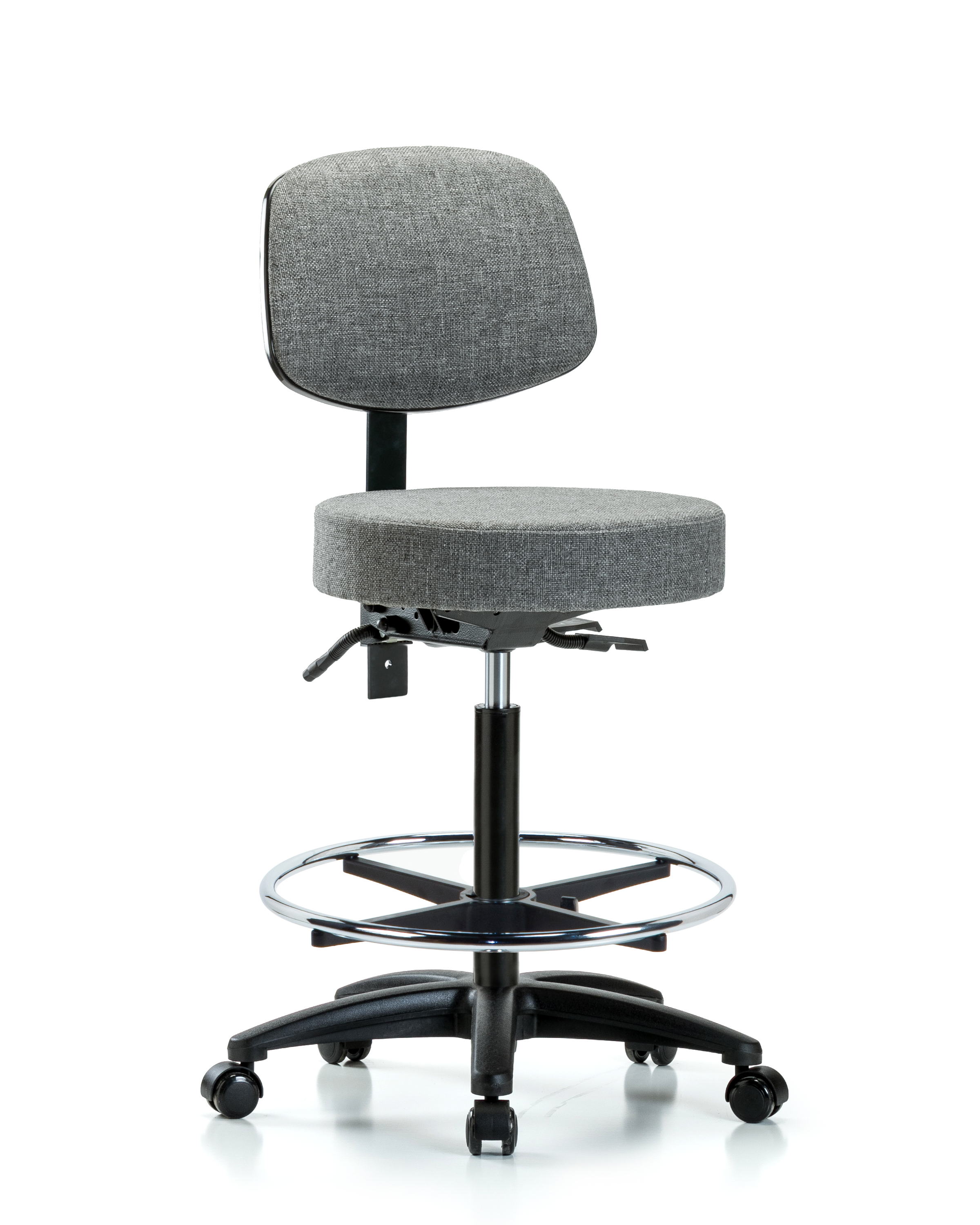 Rutledge Fabric Stool with Back - High Bench Height with Seat Tilt, Chrome Foot Ring, & Casters in Gray Fabric
