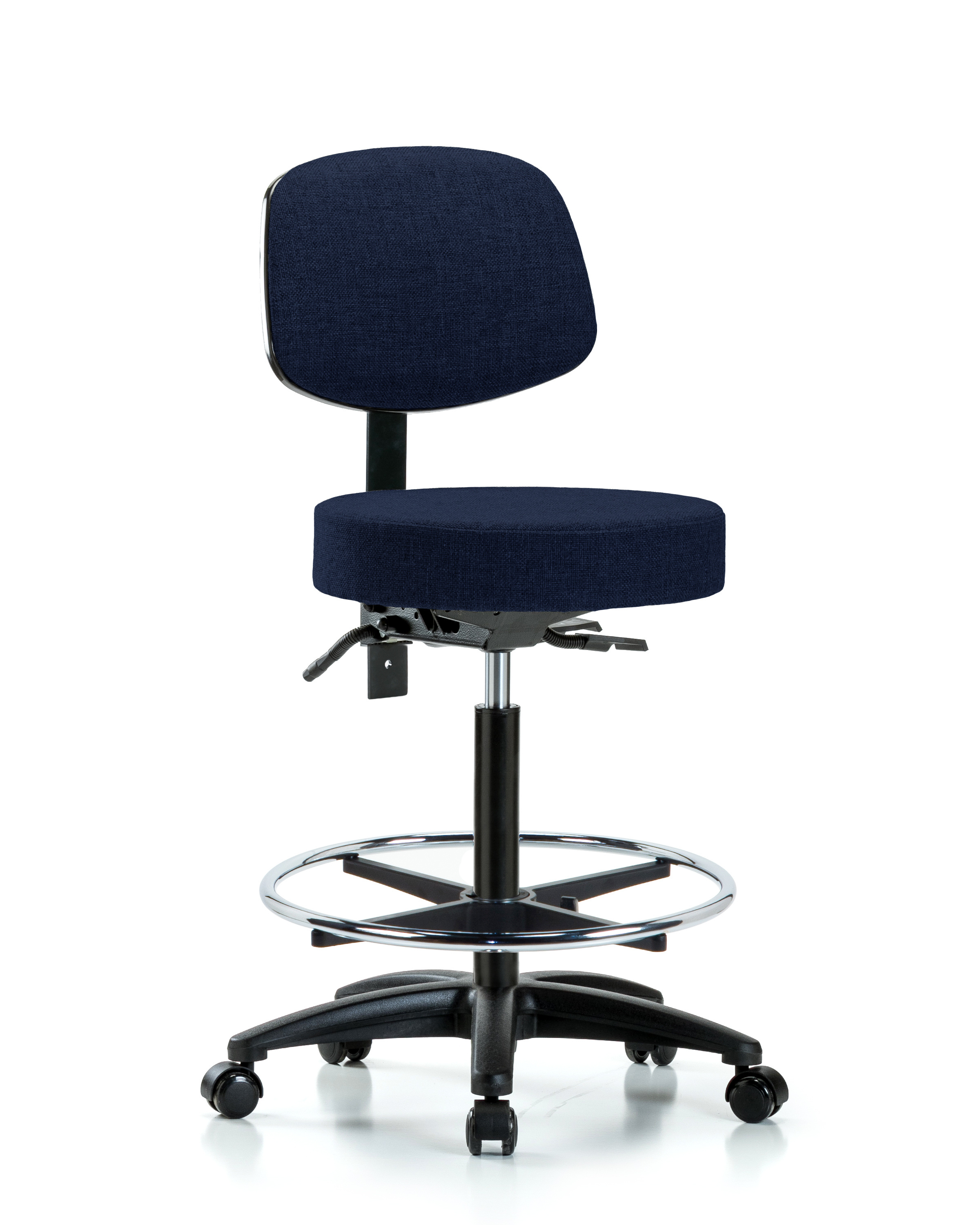 Rutledge Fabric Stool with Back - High Bench Height with Seat Tilt, Chrome Foot Ring, & Casters in Navy Fabric