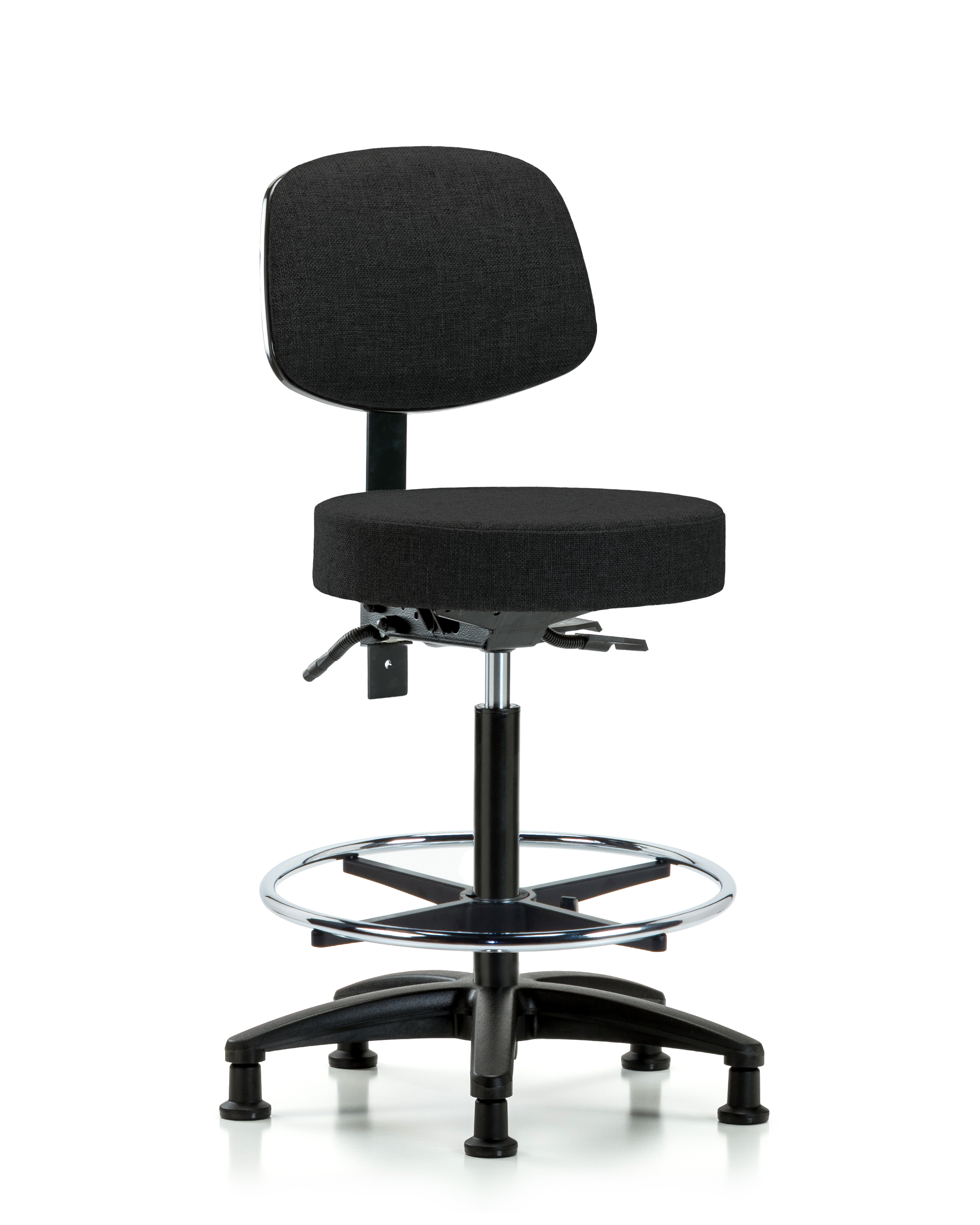Rutledge Fabric Stool with Back - High Bench Height with Seat Tilt, Chrome Foot Ring, & Stationary Glides in Black Fabric
