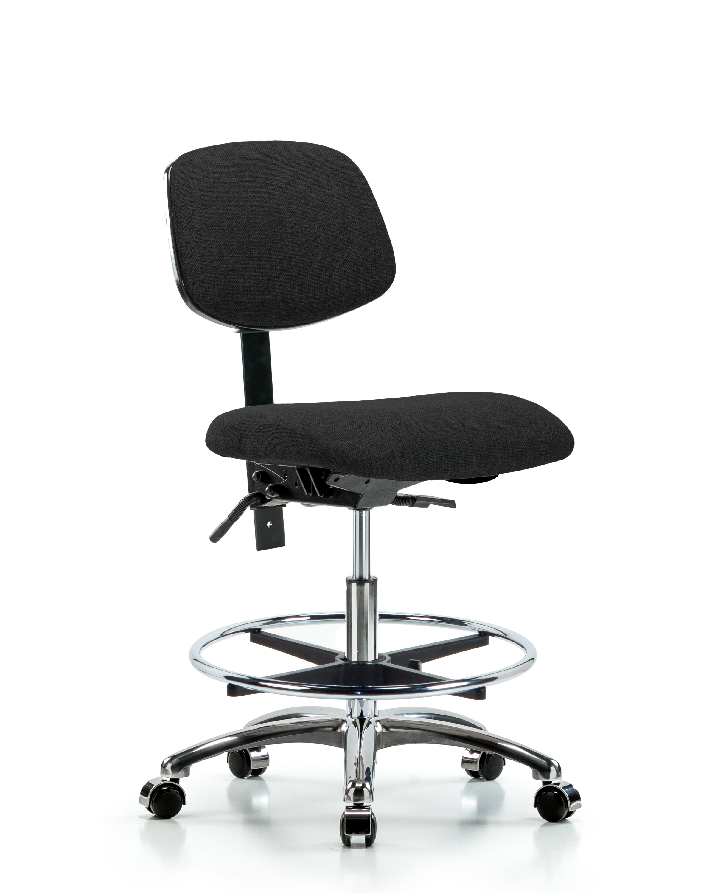 Rutledge Fabric Chair Chrome - Medium Bench Height with Chrome Foot Ring & Casters in Black Fabric