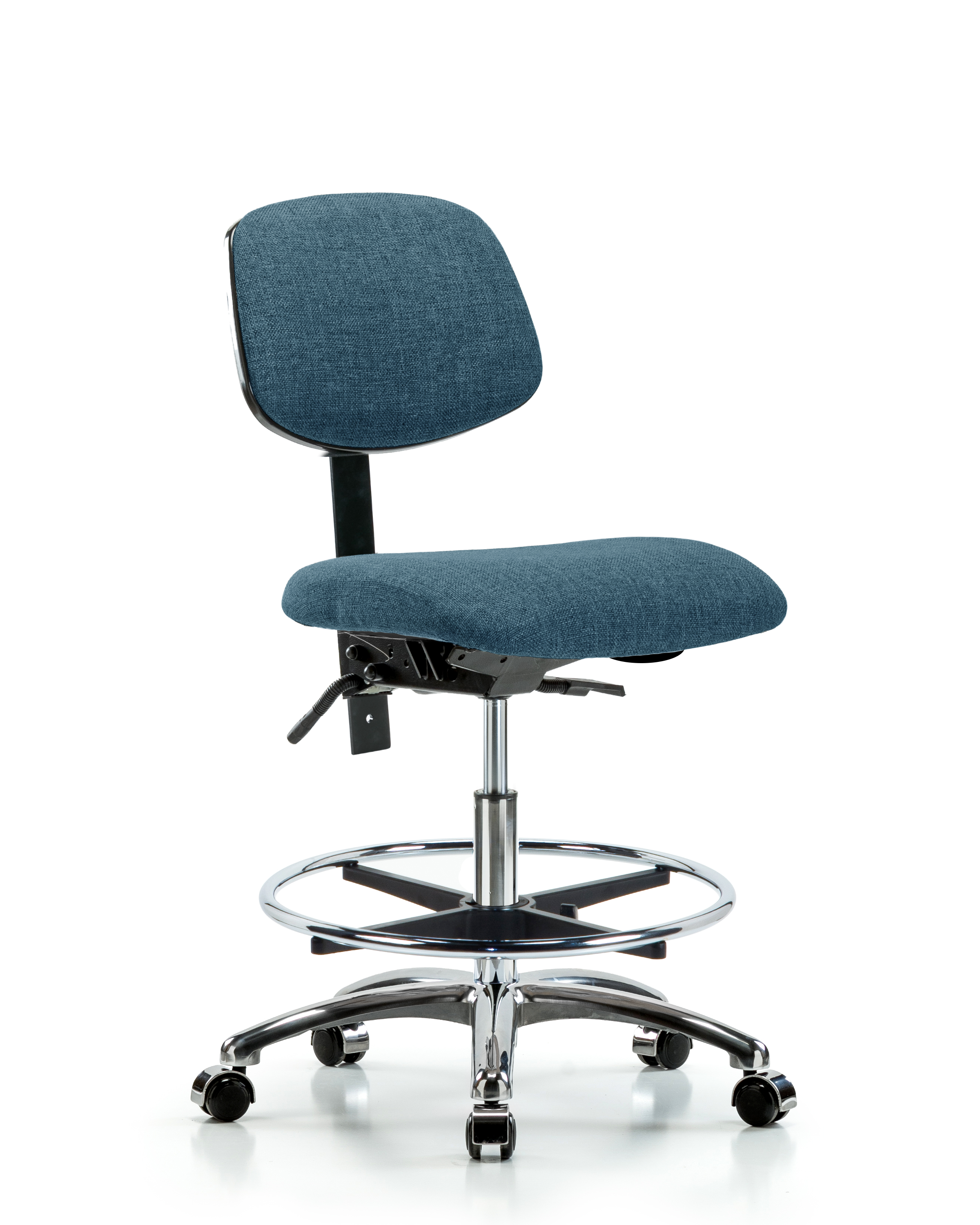 Rutledge Fabric Chair Chrome - Medium Bench Height with Chrome Foot Ring & Casters in Blue Fabric