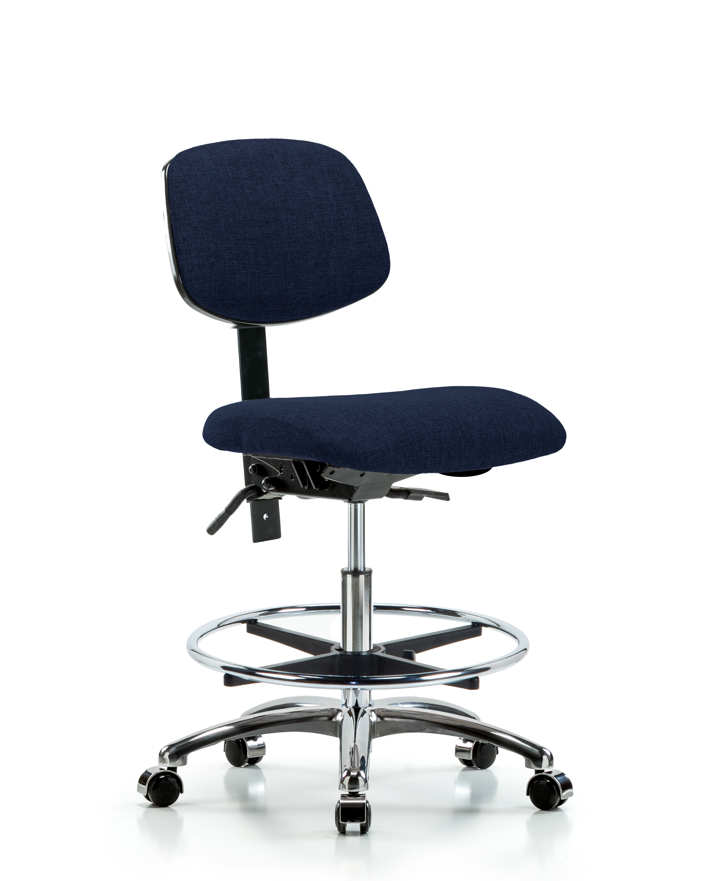 Rutledge Fabric Chair Chrome - Medium Bench Height with Chrome Foot Ring & Casters in Navy Fabric