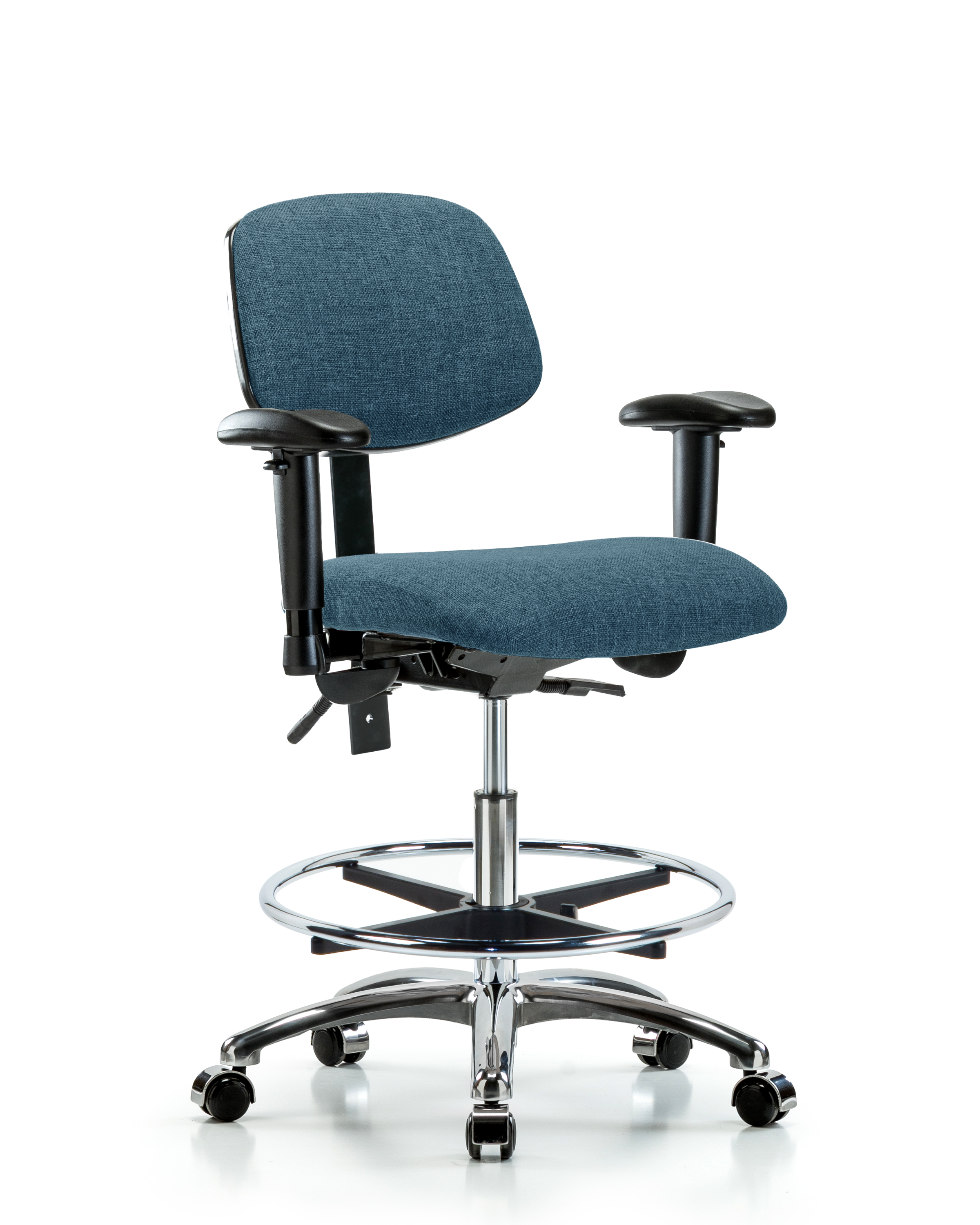 Rutledge Fabric Chair Chrome - Medium Bench Height with Adjustable Arms, Chrome Foot Ring, & Casters in Blue Fabric