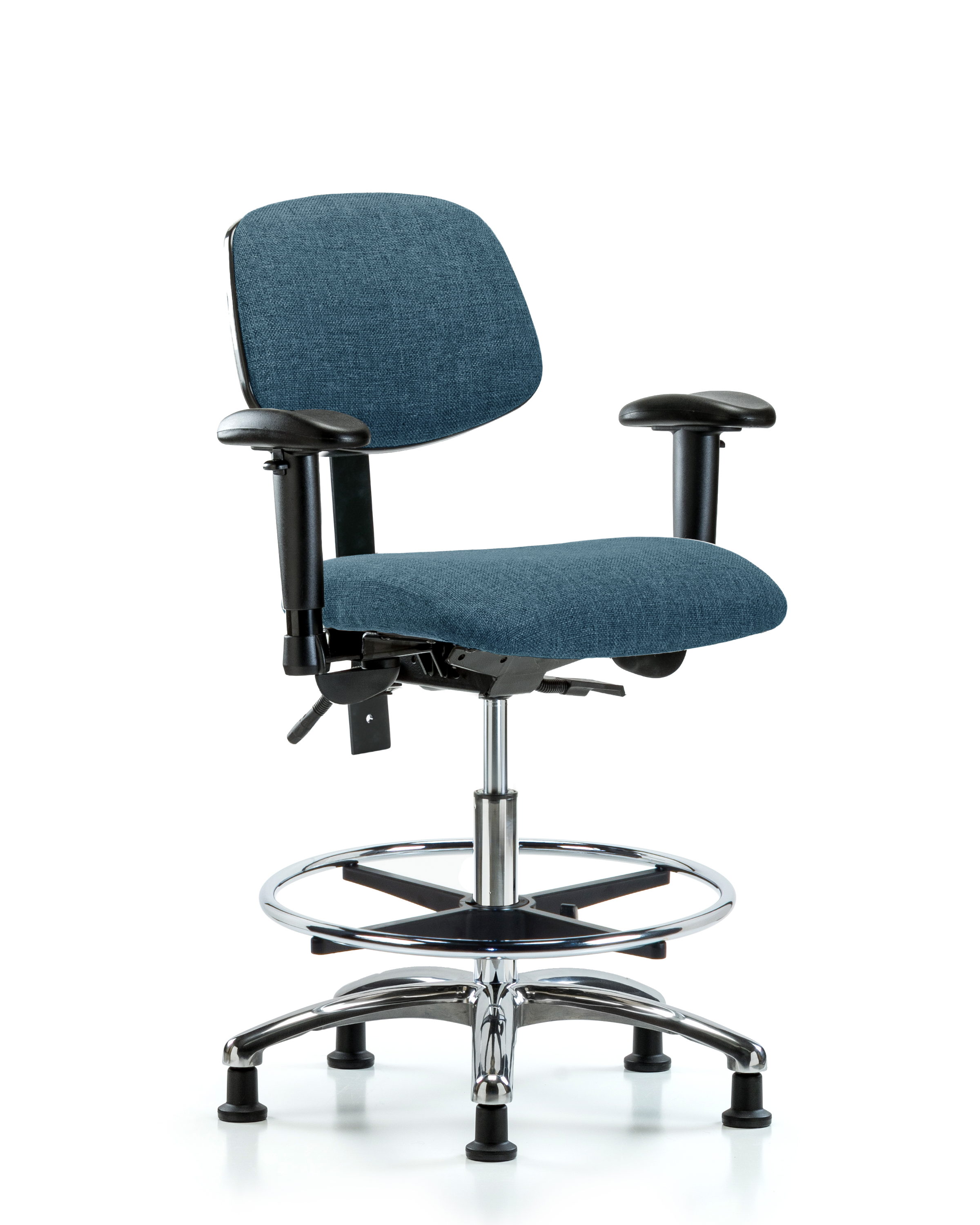 Rutledge Fabric Chair Chrome - Medium Bench Height with Adjustable Arms, Chrome Foot Ring, & Stationary Glides in Blue Fabric