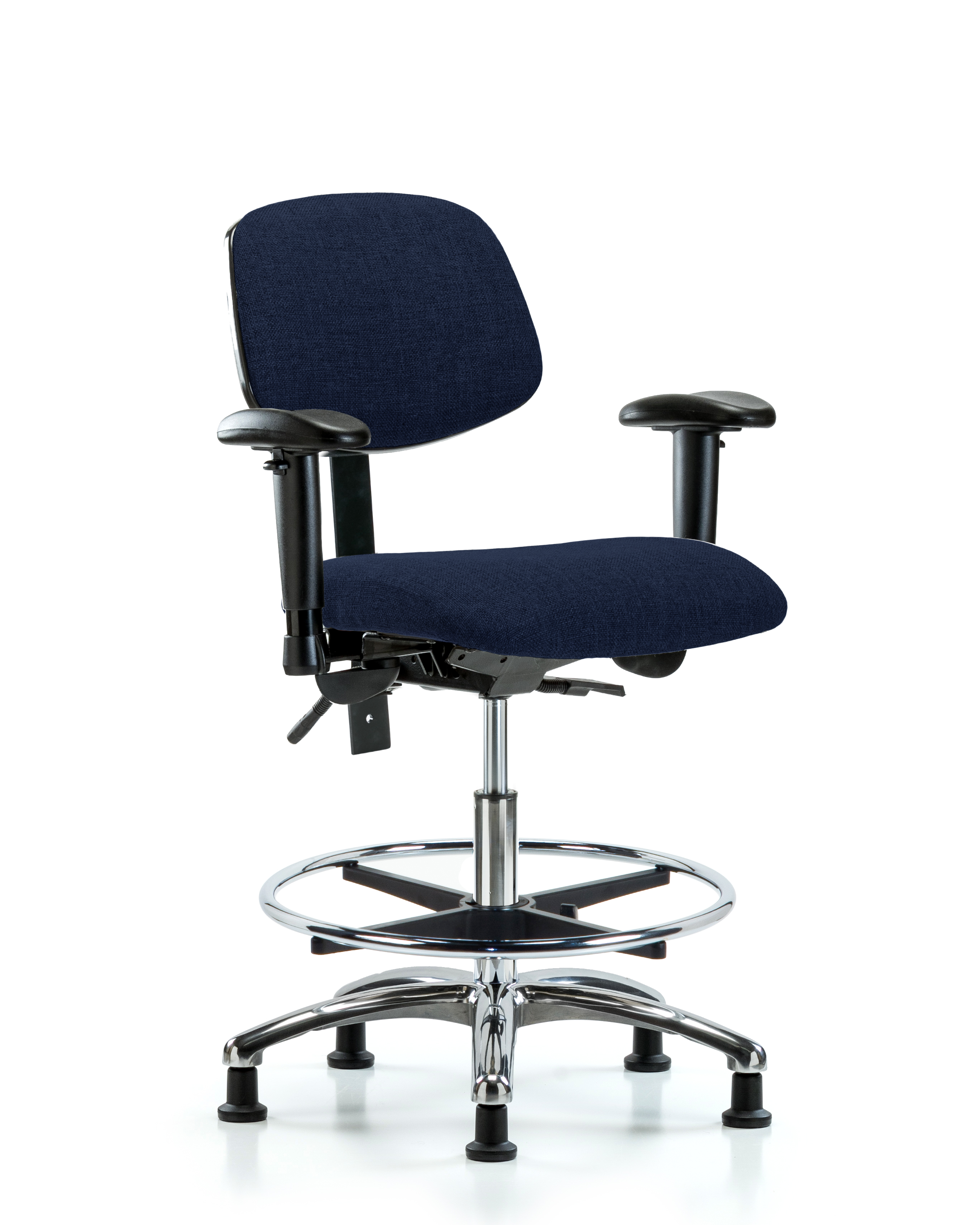 Rutledge Fabric Chair Chrome - Medium Bench Height with Adjustable Arms, Chrome Foot Ring, & Stationary Glides in Navy Fabric