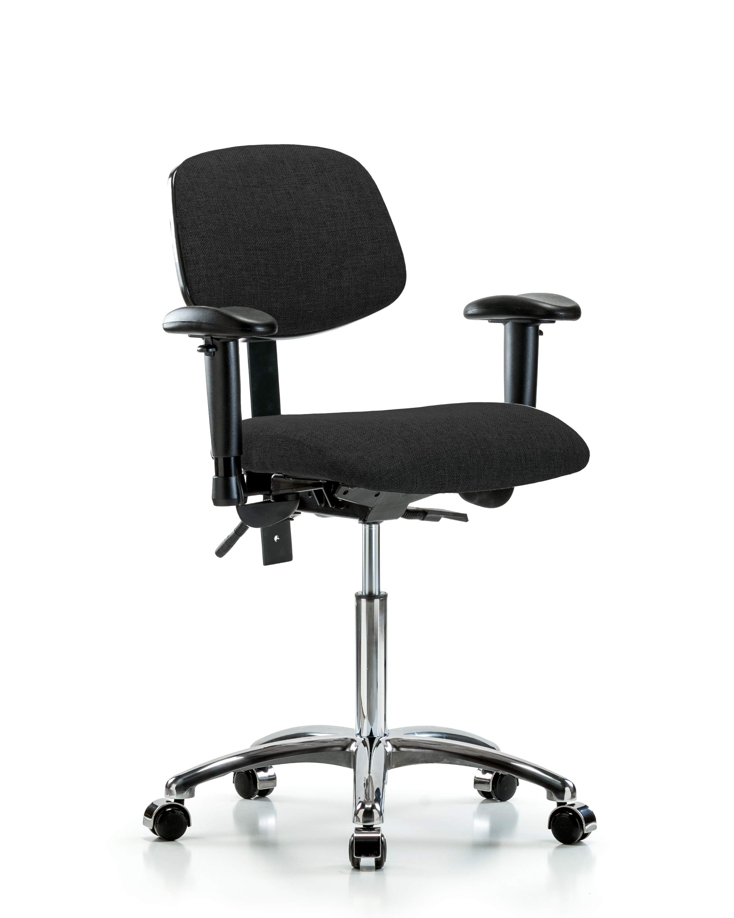 Rutledge Fabric Chair Chrome - Medium Bench Height with Adjustable Arms & Casters in Black Fabric