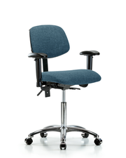 Rutledge Fabric Chair Chrome - Medium Bench Height with Adjustable Arms & Casters in Blue Fabric