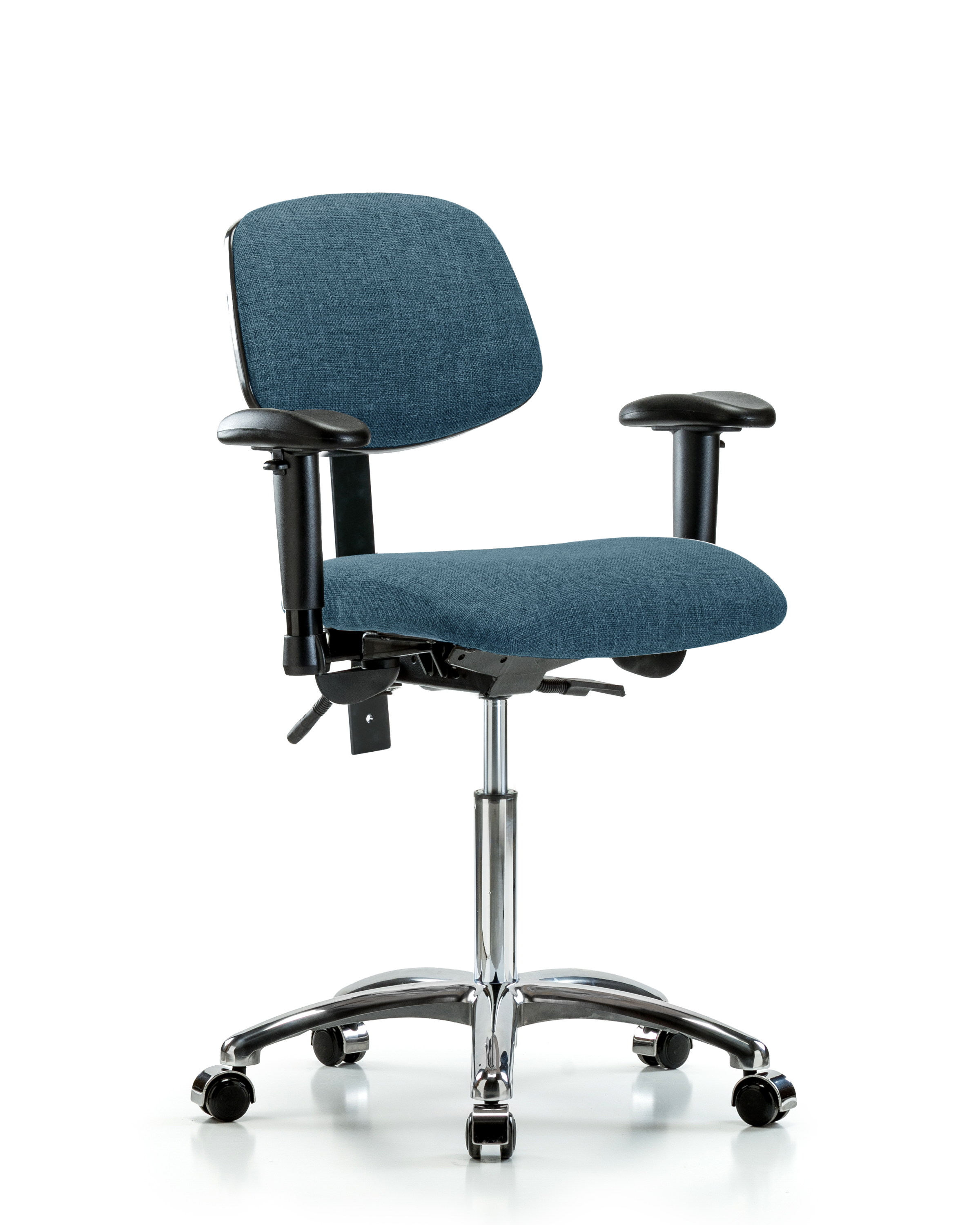 Rutledge Fabric Chair Chrome - Medium Bench Height with Adjustable Arms & Casters in Blue Fabric
