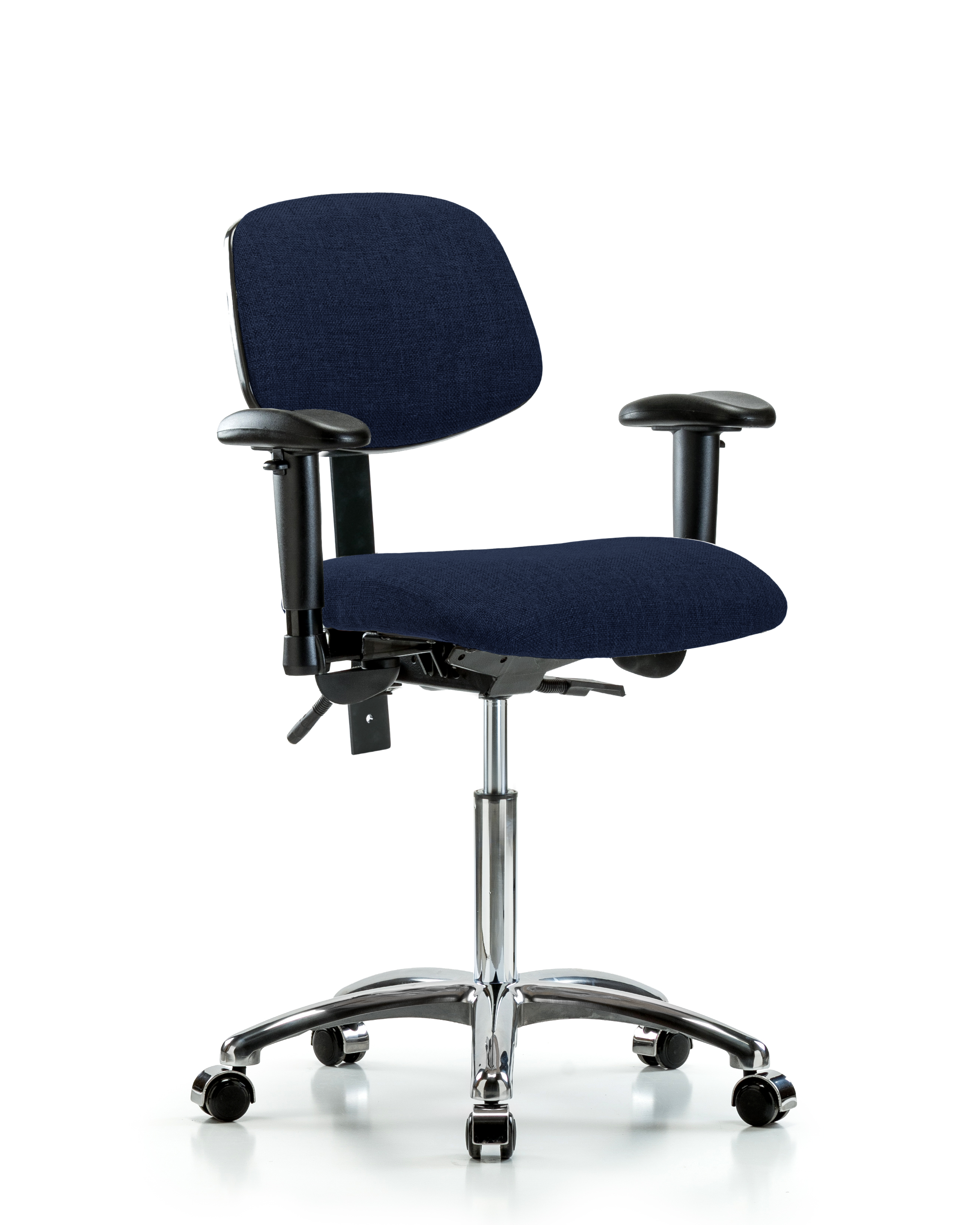 Rutledge Fabric Chair Chrome - Medium Bench Height with Adjustable Arms & Casters in Navy Fabric