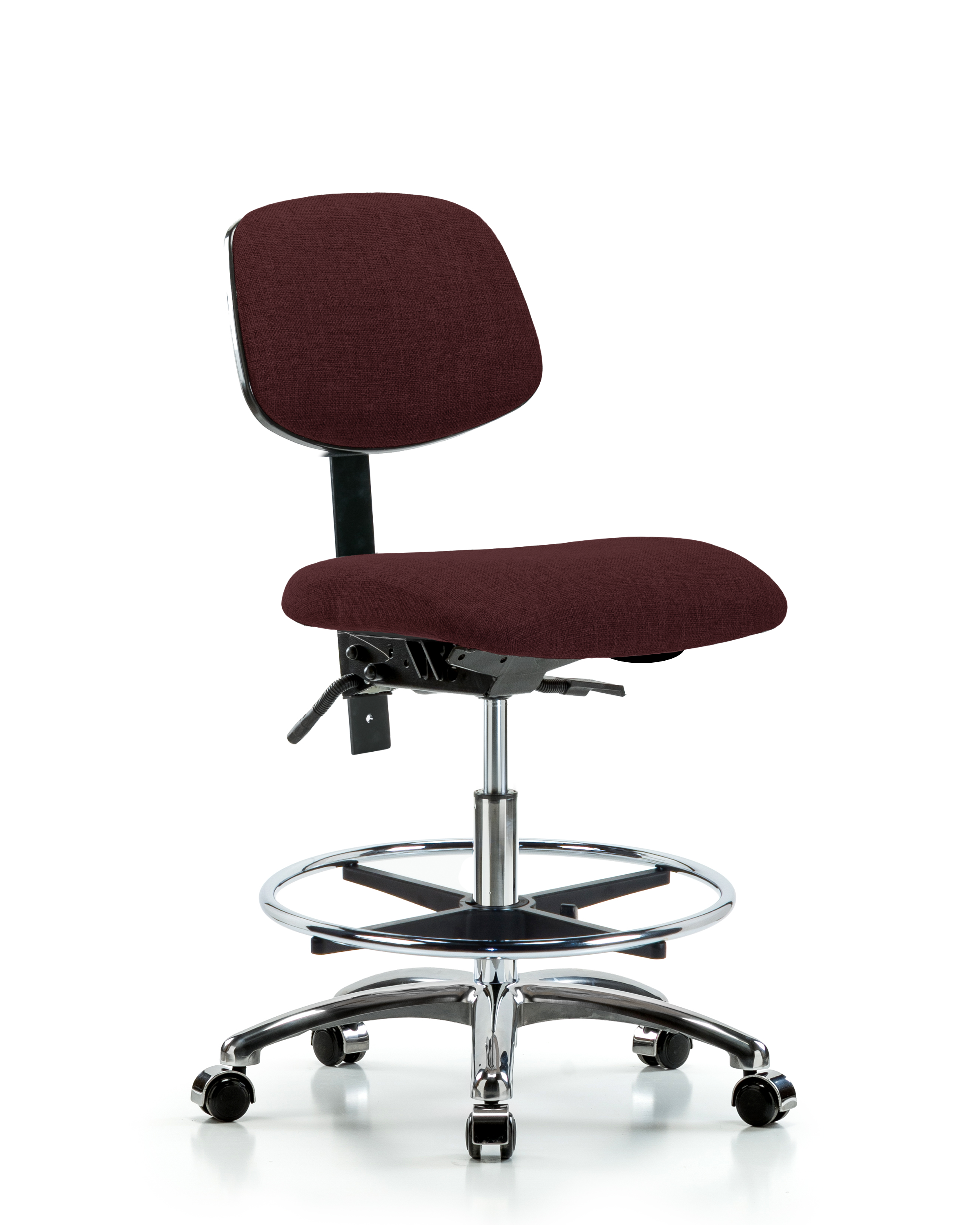 Rutledge Fabric Chair Chrome - Medium Bench Height with Seat Tilt, Chrome Foot Ring, & Casters in Burgundy Fabric