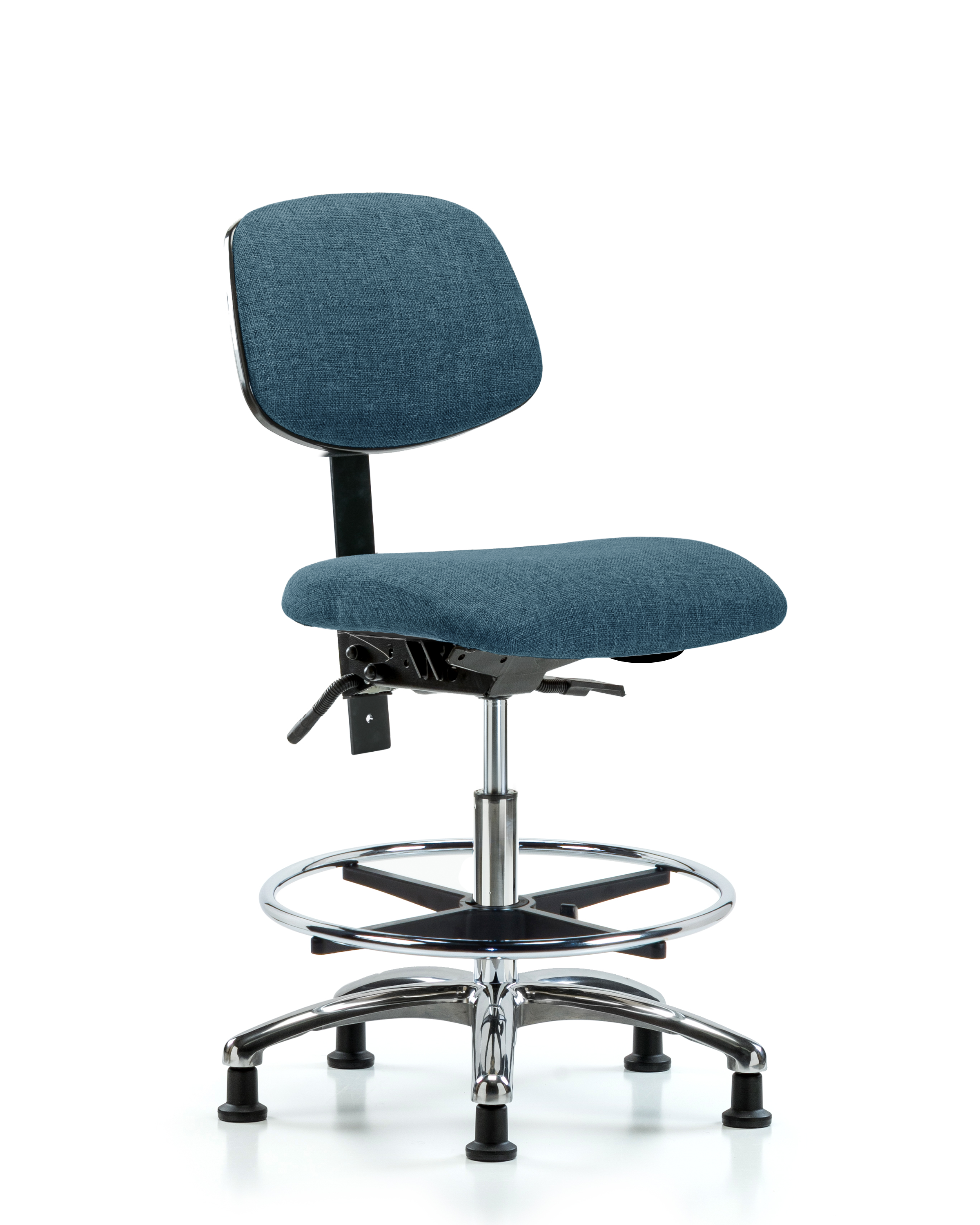 Rutledge Fabric Chair Chrome - Medium Bench Height with Seat Tilt, Chrome Foot Ring, & Stationary Glides in Blue Fabric