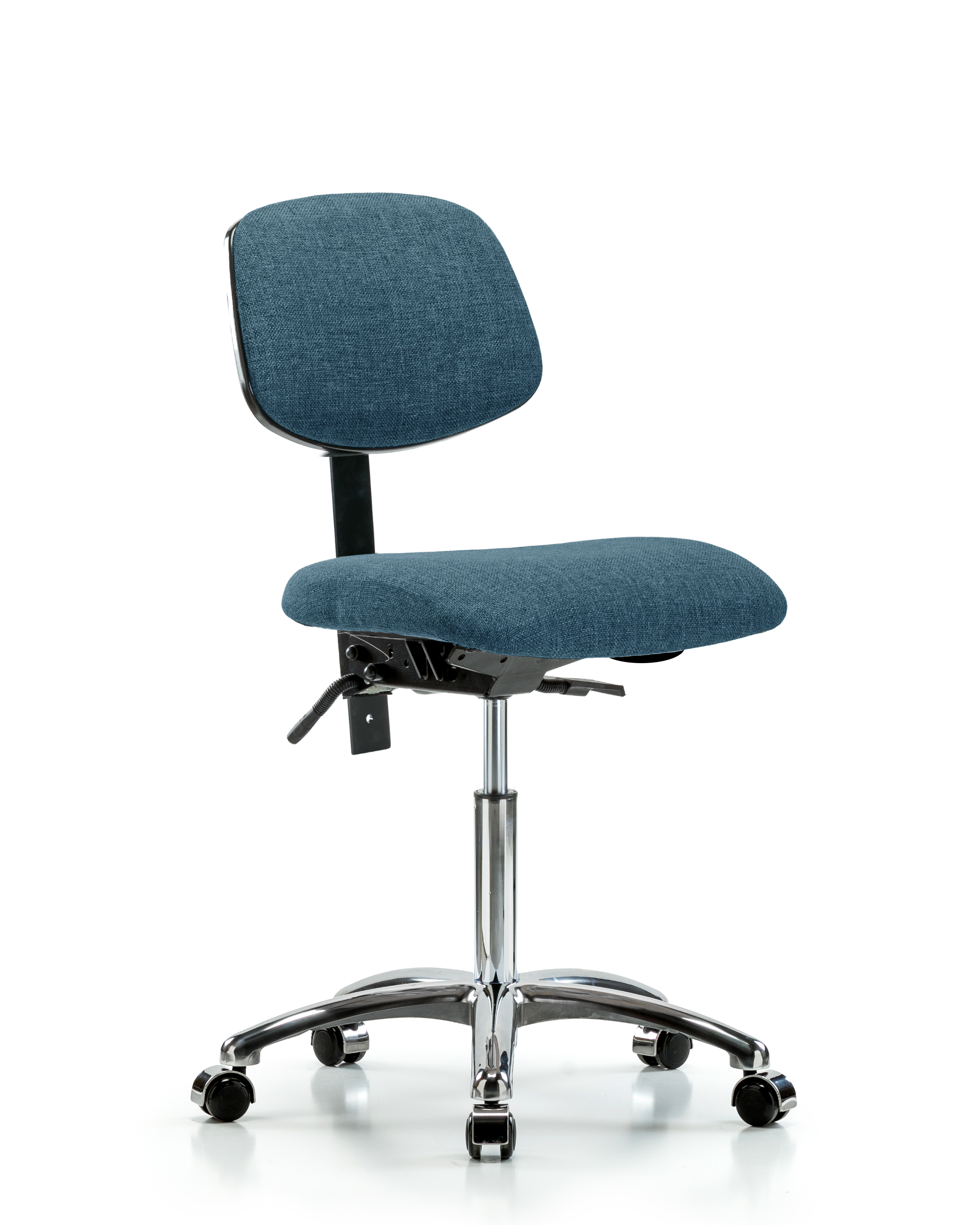 Rutledge Fabric Chair Chrome - Medium Bench Height with Seat Tilt & Casters in Blue Fabric