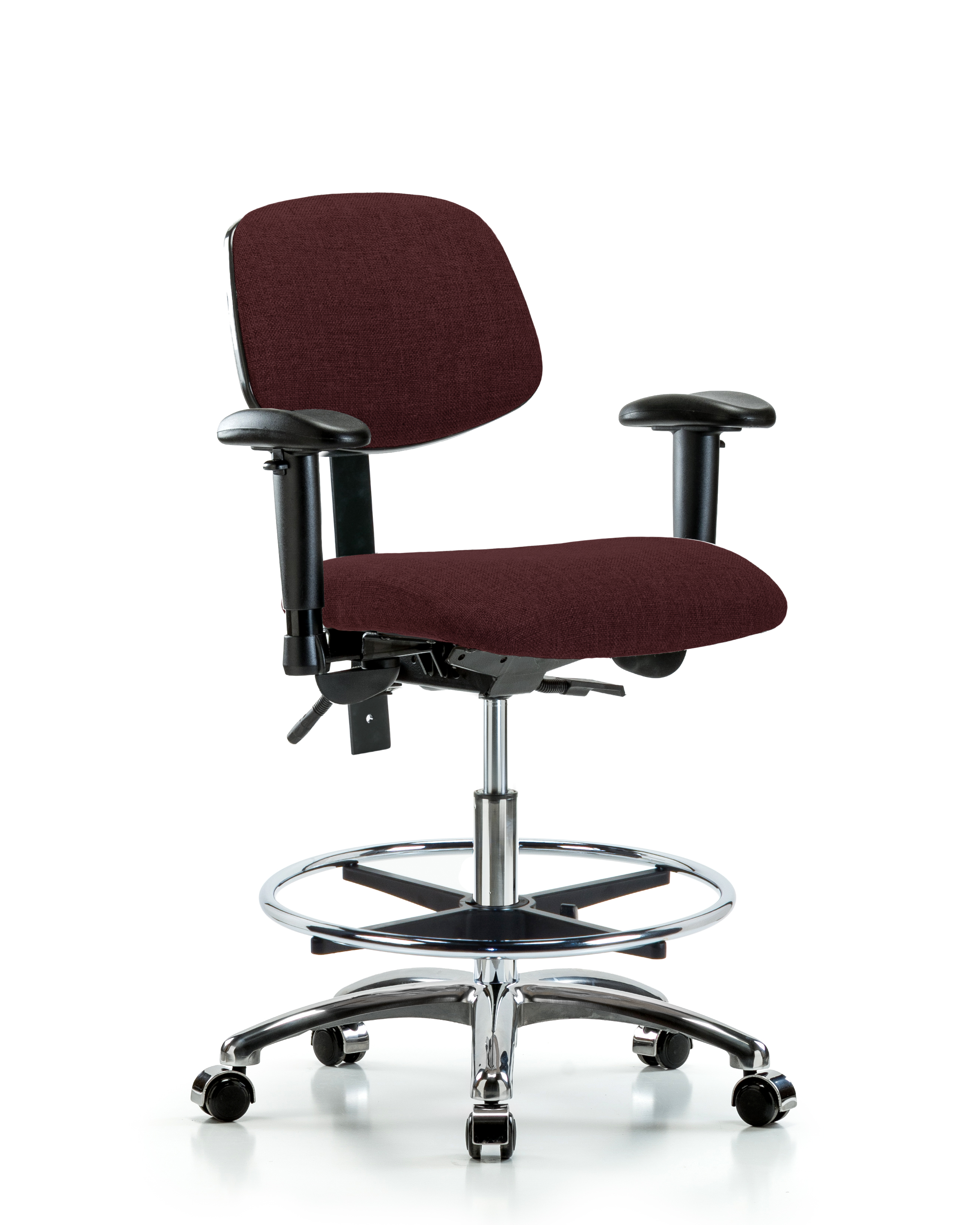 Rutledge Fabric Chair Chrome - Medium Bench Height with Seat Tilt, Adjustable Arms, Chrome Foot Ring, & Casters in Burgundy Fabric