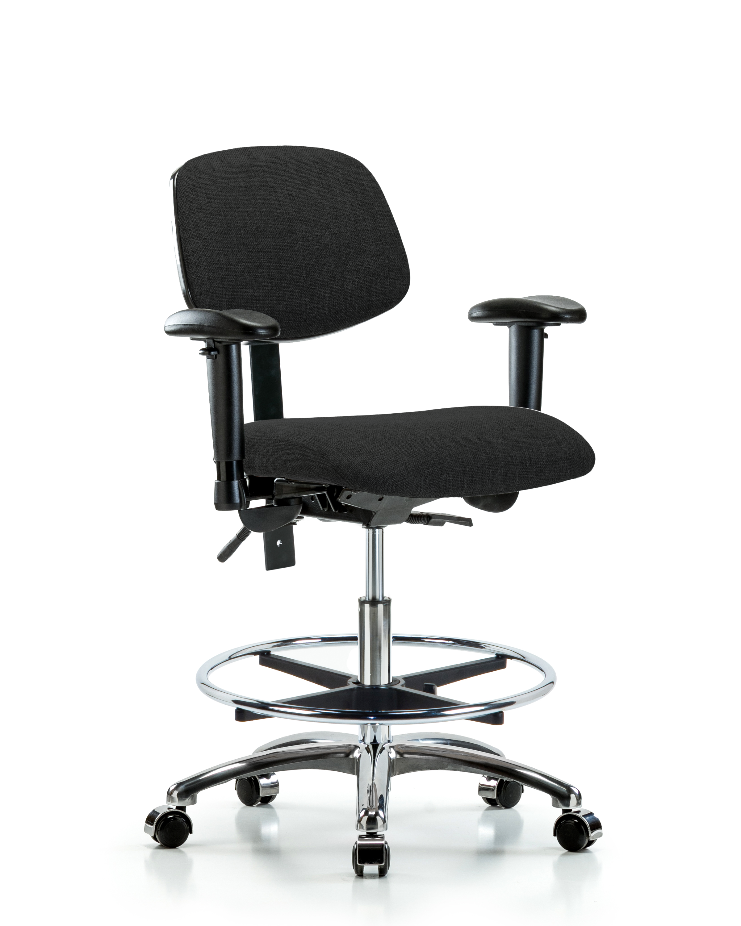 Rutledge Fabric Chair Chrome - Medium Bench Height with Seat Tilt, Adjustable Arms, Chrome Foot Ring, & Casters in Black Fabric