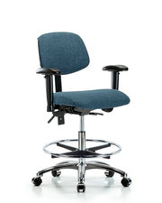 Rutledge Fabric Chair Chrome - Medium Bench Height with Seat Tilt, Adjustable Arms, Chrome Foot Ring, & Casters in Blue Fabric