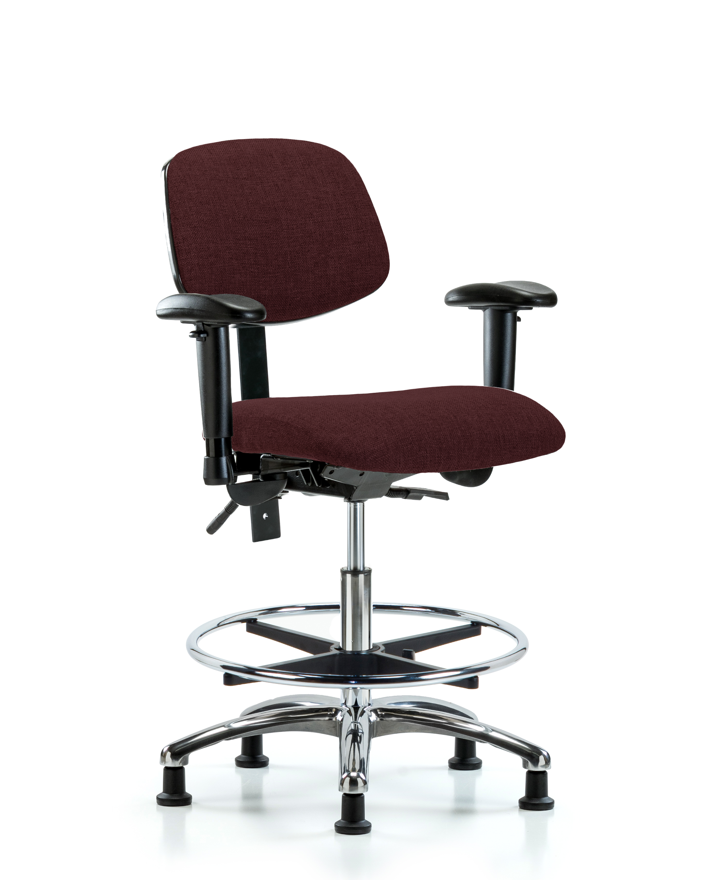 Rutledge Fabric Chair Chrome - Medium Bench Height with Seat Tilt, Adjustable Arms, Chrome Foot Ring, & Stationary Glides in Burgundy Fabric