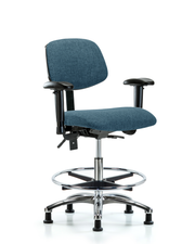 Rutledge Fabric Chair Chrome - Medium Bench Height with Seat Tilt, Adjustable Arms, Chrome Foot Ring, & Stationary Glides in Blue Fabric